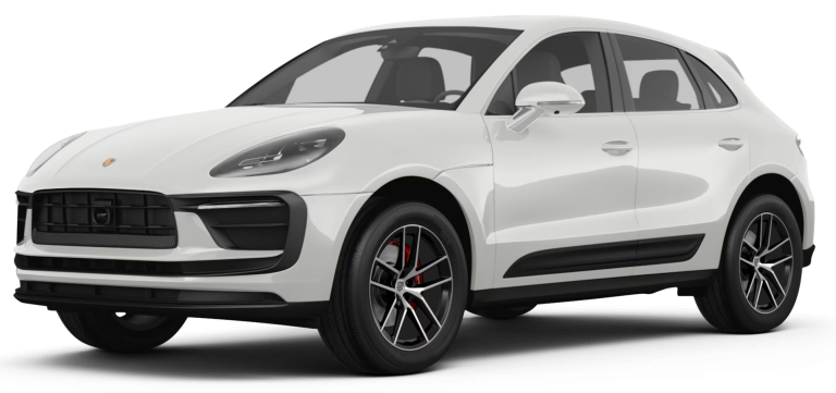 Front view of 2025 Porsche Macan lease luxury SUV parked in NYC, showcasing sleek design.