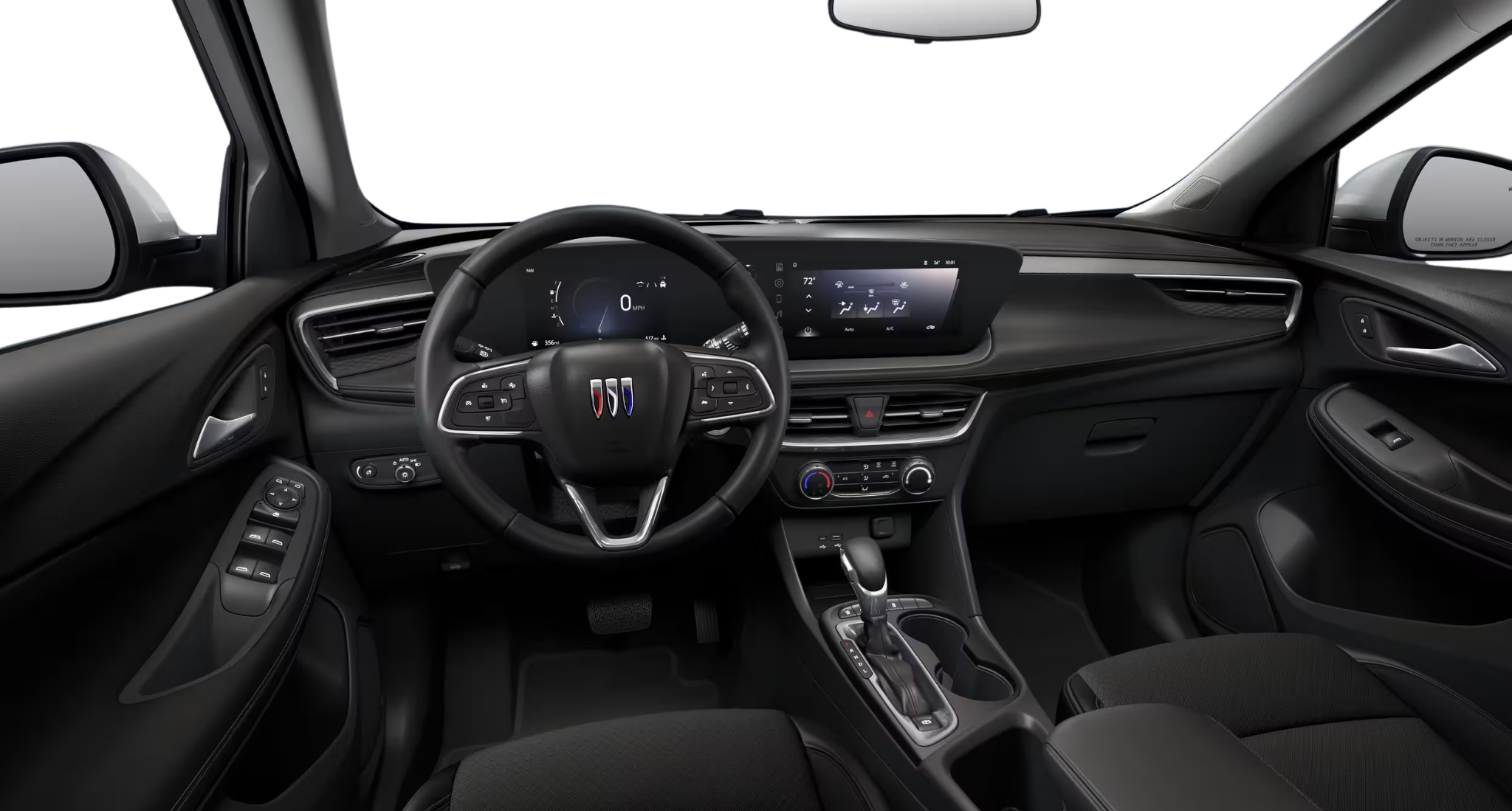 Driver’s cockpit of the 2025 Buick Encore GX Preferred AWD featuring the 11-inch HD color touchscreen, digital gauge display, and premium interior design.