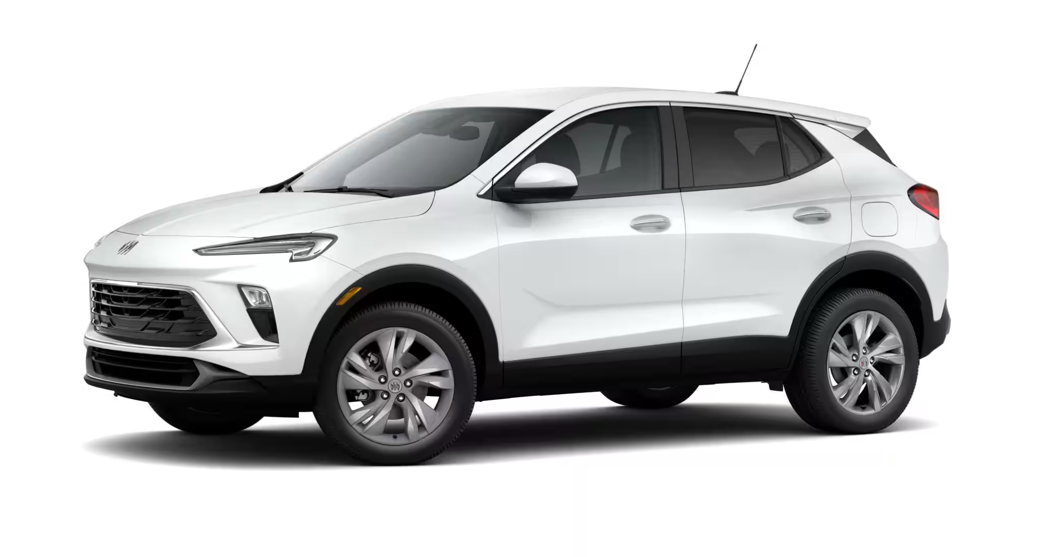 Side profile view of the 2025 Buick Encore GX Preferred AWD in Summit White, highlighting the sleek body lines and 18-inch Bright Silver aluminum wheels.