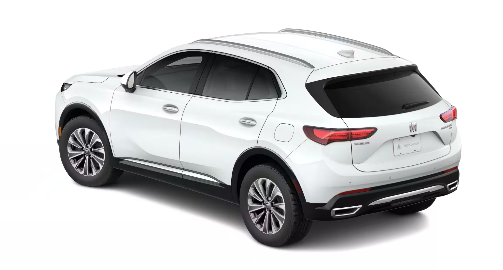 Rear view of the 2025 Buick Envision Preferred AWD highlighting its sculpted design, signature LED tail lights, and dual exhaust outlets.
