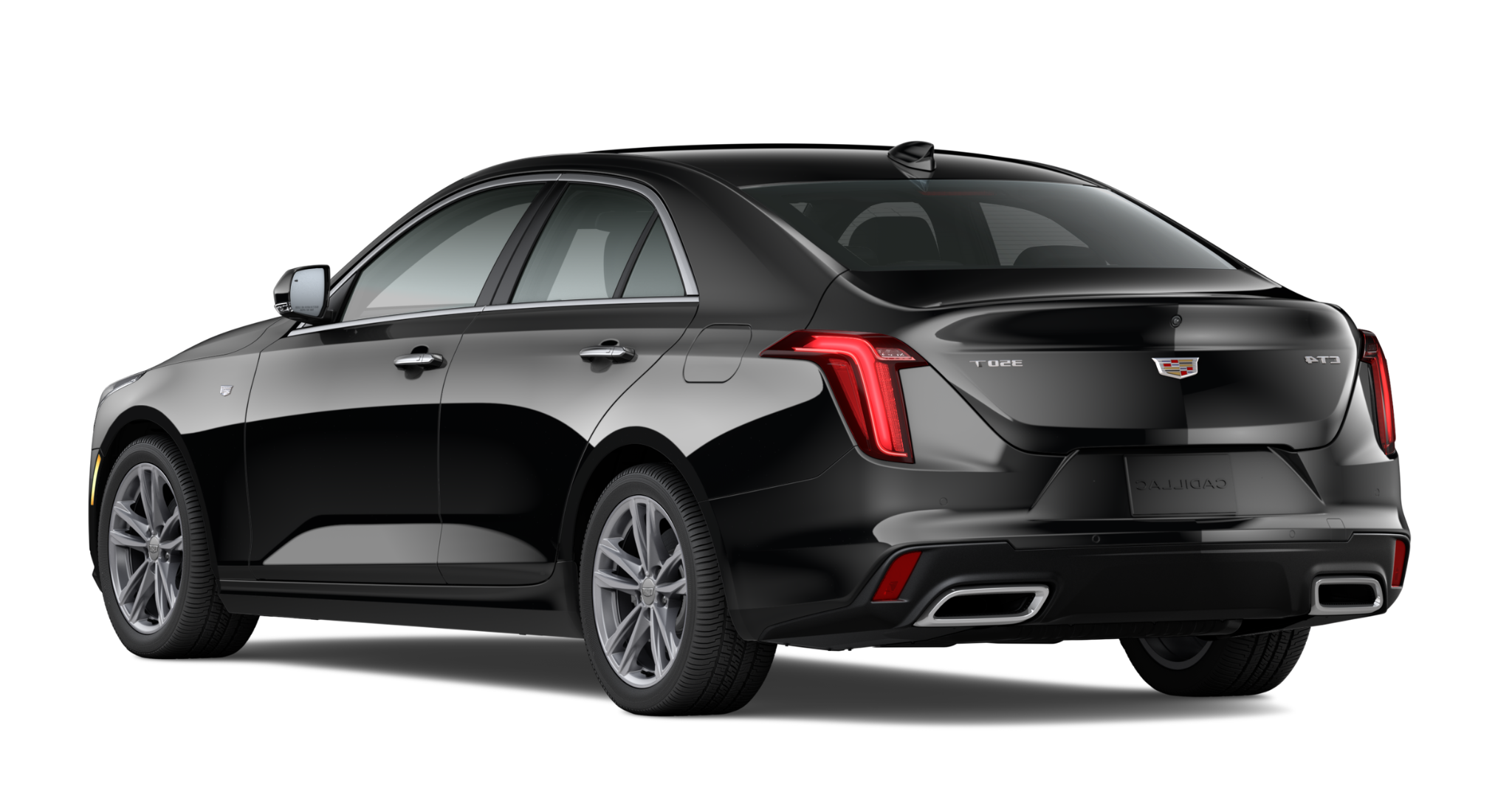 Rear view of the 2025 Cadillac CT4 RWD Luxury sedan showcasing its distinctive LED taillamps, dual exhaust outlets, and refined rear styling.