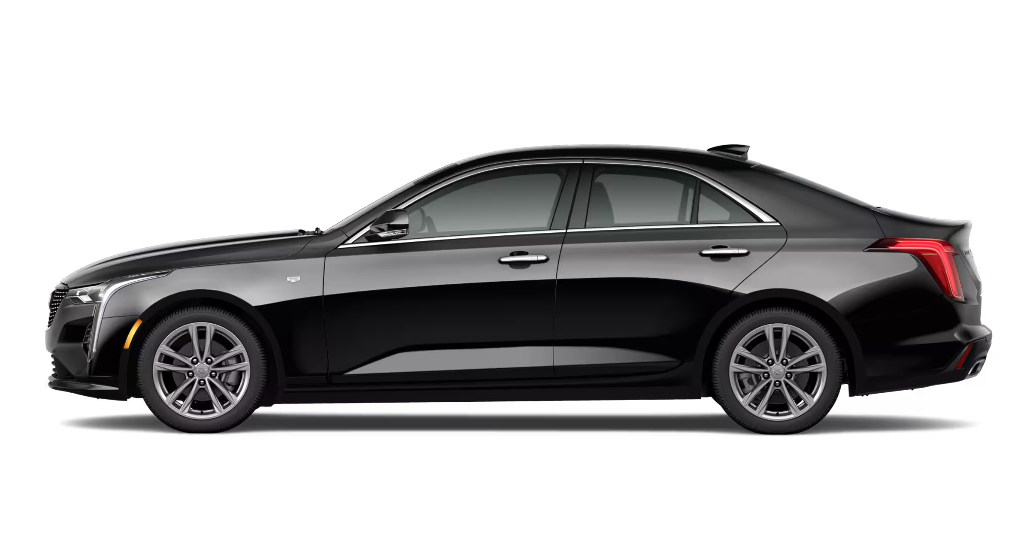 Side profile of the 2025 Cadillac CT4 RWD Luxury sedan illustrating its sporty stance, elegant body lines, and 17-inch Bright Silver alloy wheels.