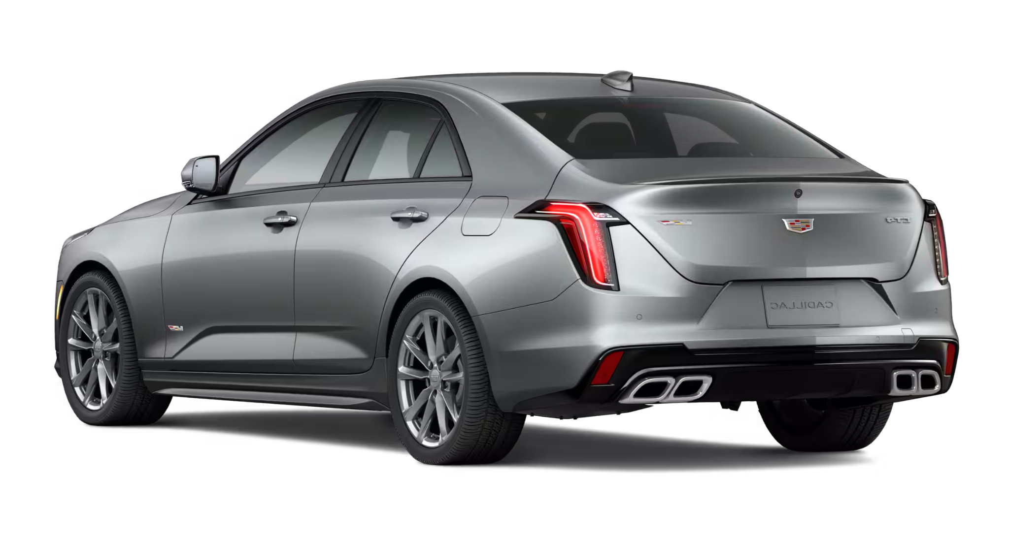 Rear view of the 2025 Cadillac CT4 V-Series AWD featuring distinctive LED taillights, quad exhaust outlets, and sporty rear spoiler design.