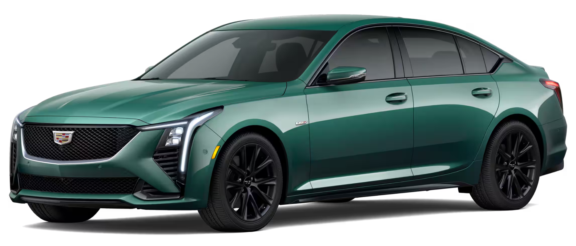 Front view of the 2025 Cadillac CT5 V-Series RWD luxury sedan highlighting the signature Cadillac grille, LED headlights, and aggressive performance styling.
