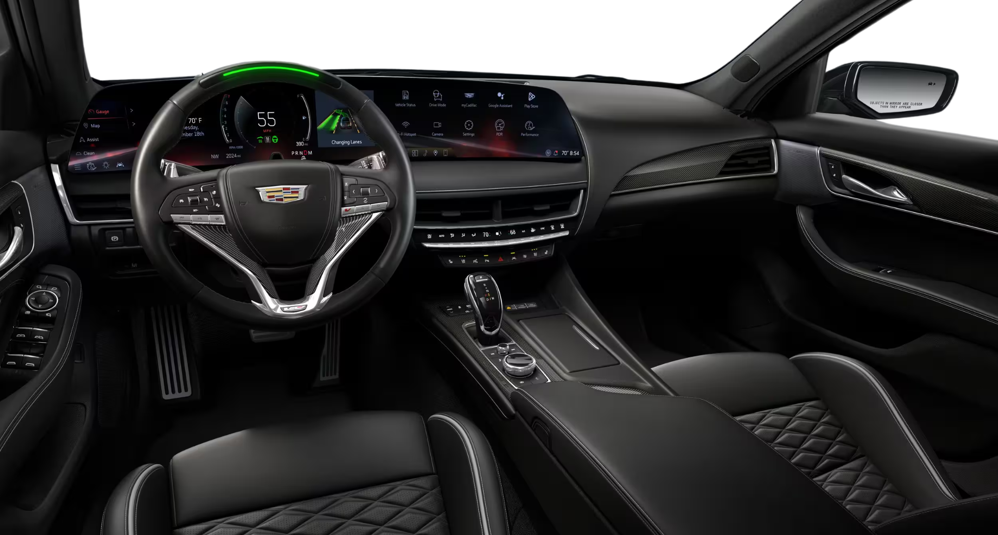 Interior dashboard of the 2025 Cadillac CT5 V-Series RWD showcasing a 33-inch advanced LED display, premium materials, and driver-focused cockpit design.