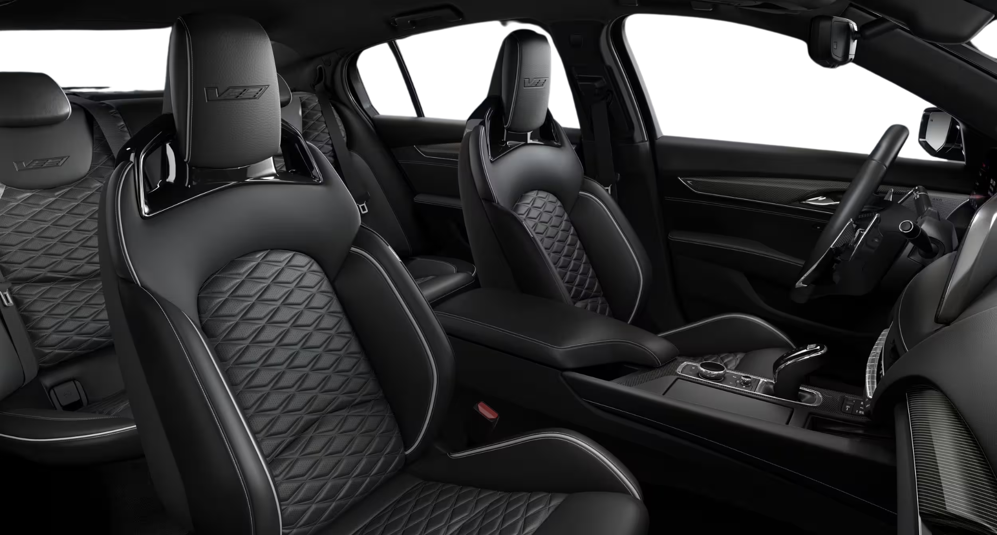 Luxurious interior seating of the 2025 Cadillac CT5 V-Series RWD featuring quilted leather sport seats with V-Series branding and premium craftsmanship.