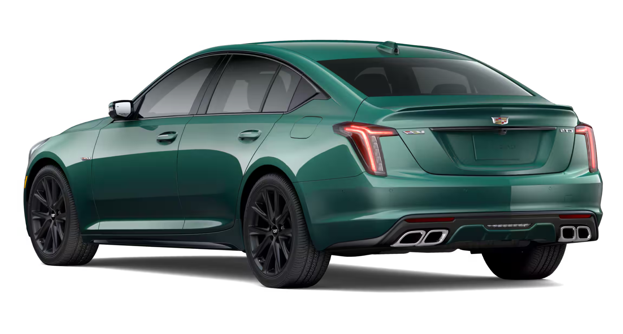 Rear view of the 2025 Cadillac CT5 V-Series RWD luxury performance sedan showcasing bold LED tail lights, quad exhaust tips, and aerodynamic styling.