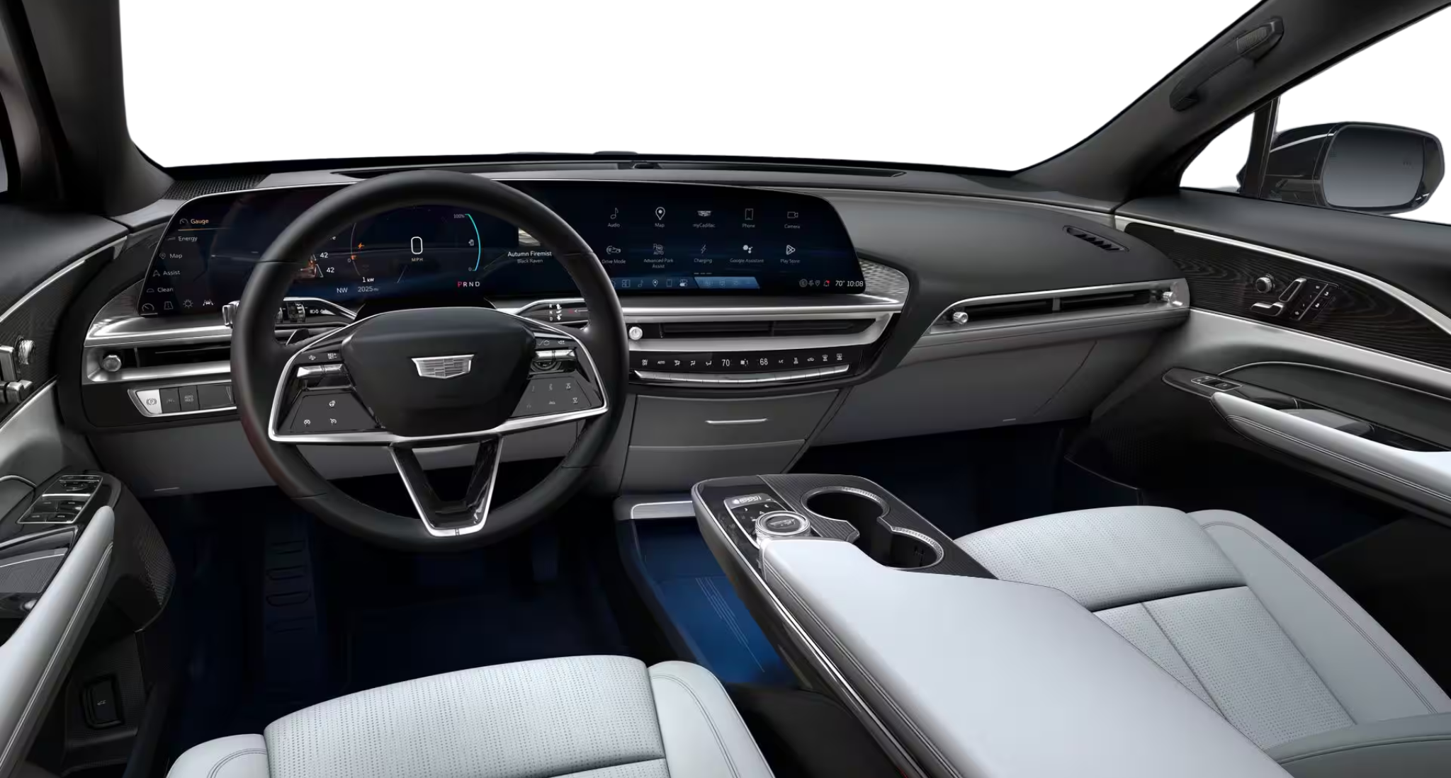 Interior view of the 2025 Cadillac Lyriq AWD EV Luxury 1 AWD featuring a 33-inch advanced LED display, leather-wrapped steering wheel, and modern dashboard design with premium finishes.