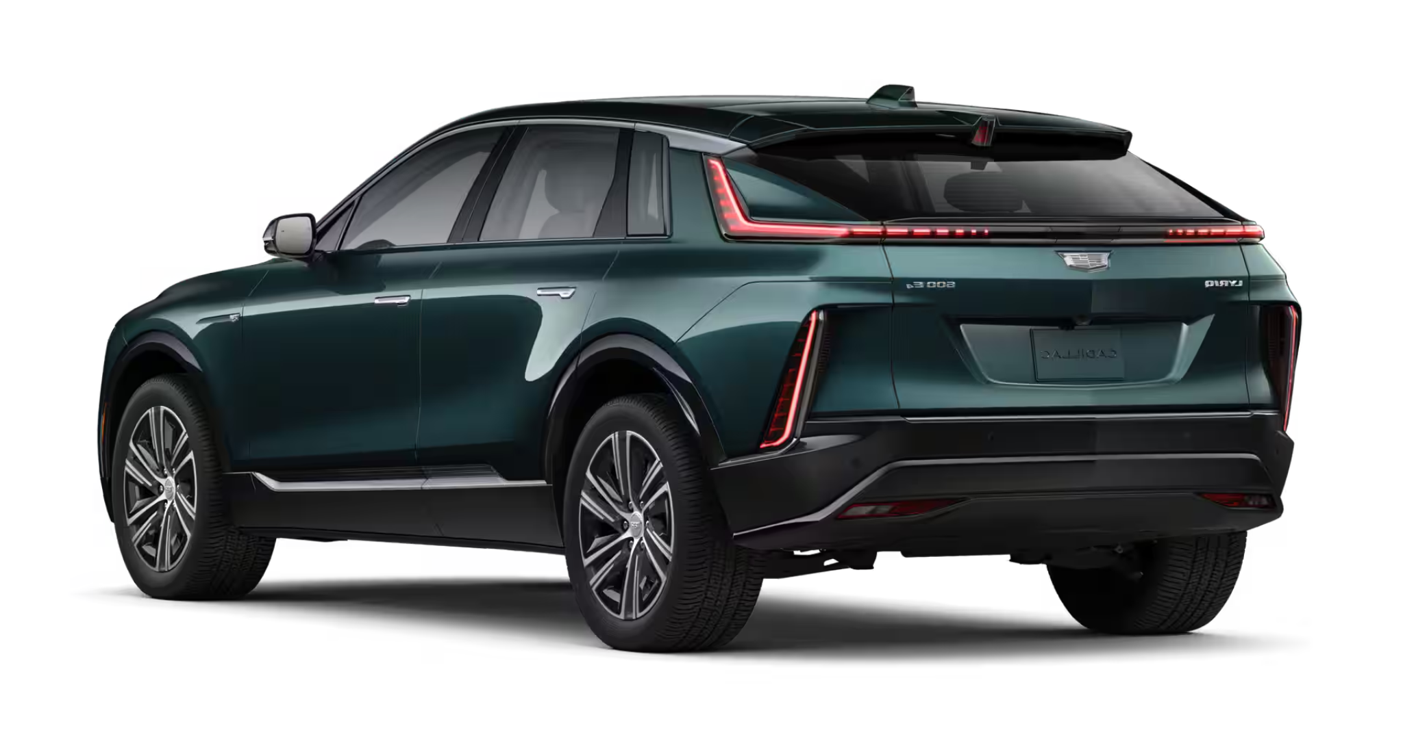 Rear view of the 2025 Cadillac Lyriq AWD EV Luxury 1 AWD featuring vertical LED tail lamps, sculpted rear bumper, integrated roof spoiler, and signature Cadillac badging.