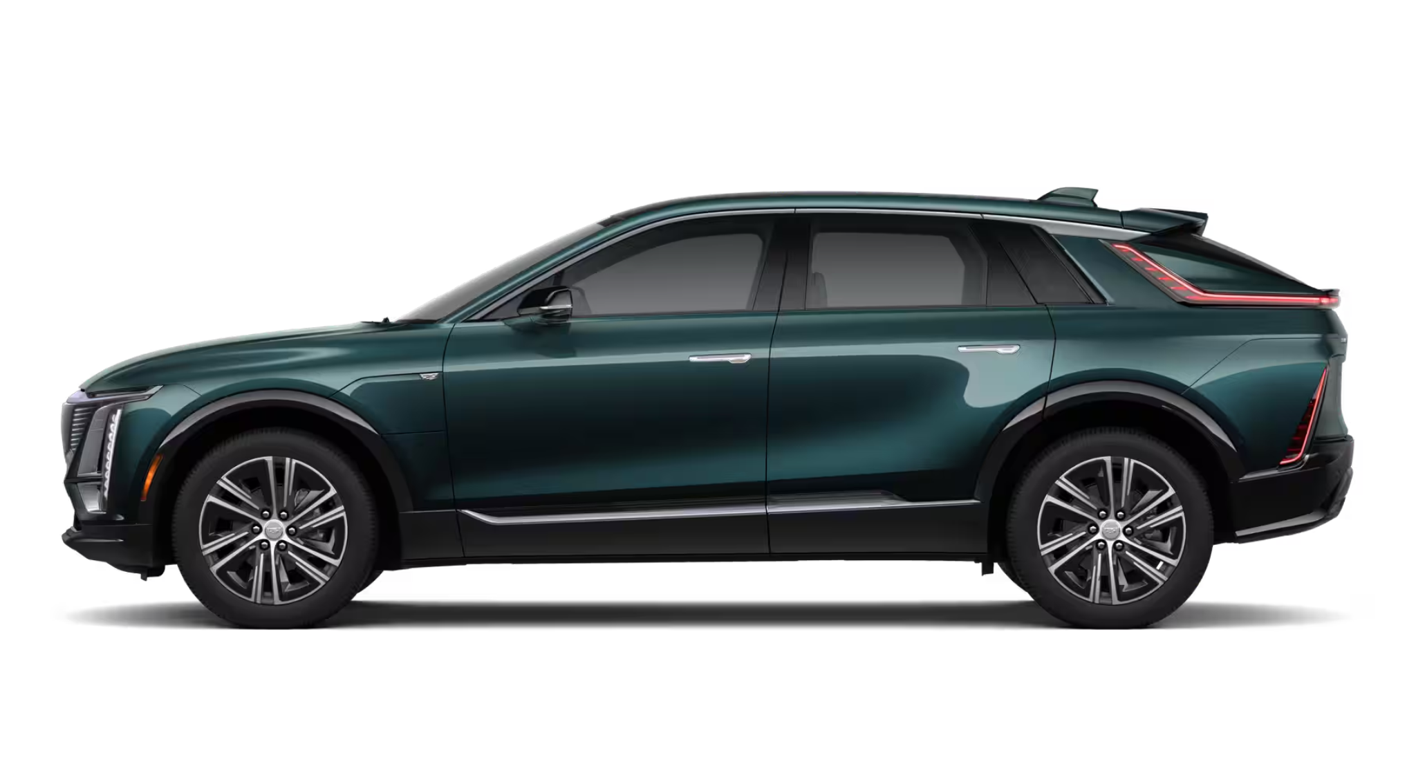 Side profile of the 2025 Cadillac Lyriq AWD EV Luxury 1 AWD showing its sleek SUV design, sharp body lines, full-glass roof, and 20-inch split 6-spoke alloy wheels.