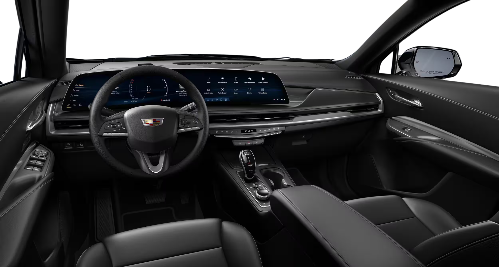 Modern interior cabin of the 2025 Cadillac XT4 Premium Luxury AWD featuring a 33-inch advanced LED curved display, Google Built-In, and sleek dashboard design.