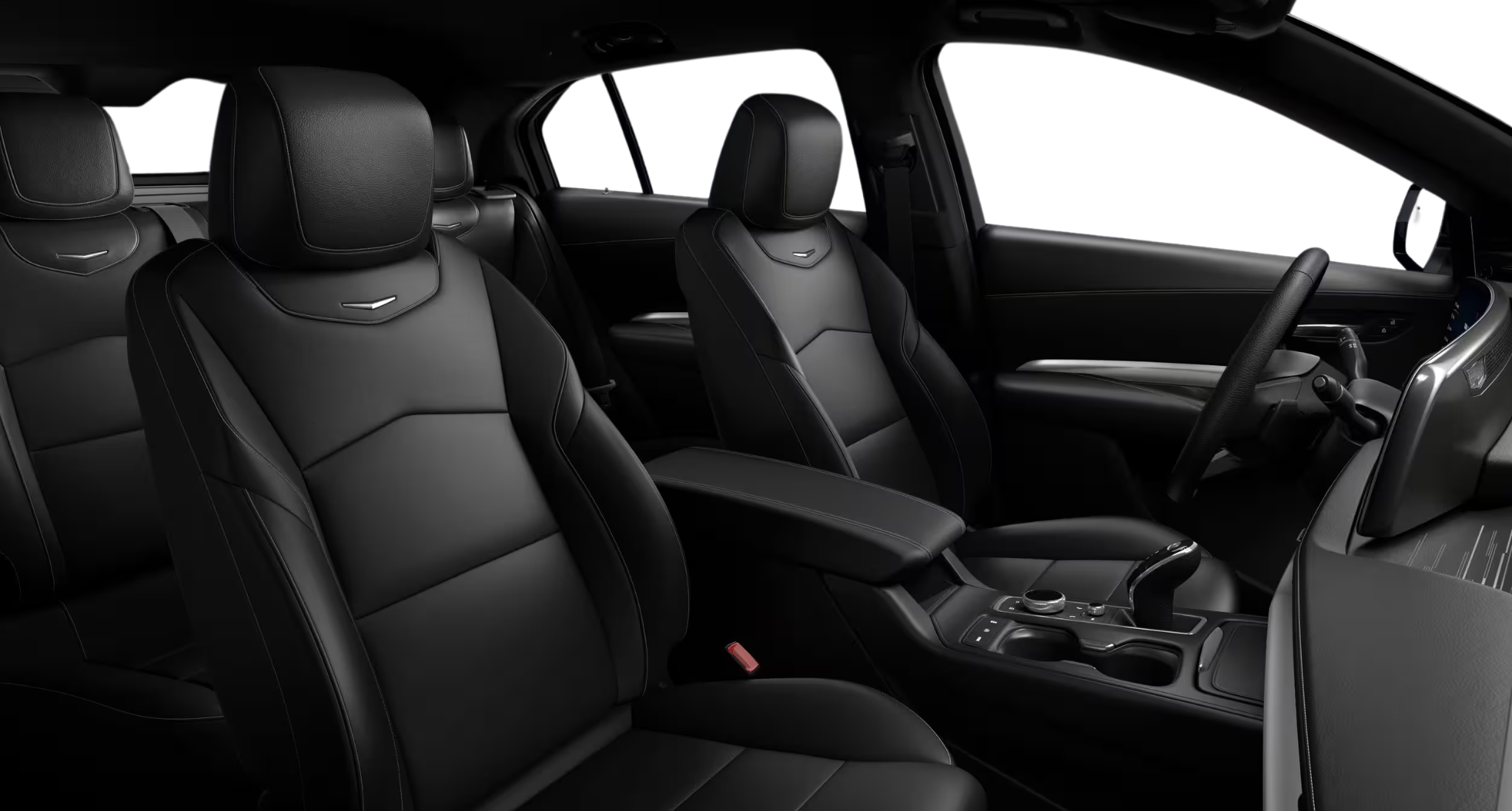 Luxurious leather-trimmed front and rear seating of the 2025 Cadillac XT4 Premium Luxury AWD showcasing premium craftsmanship and comfort.