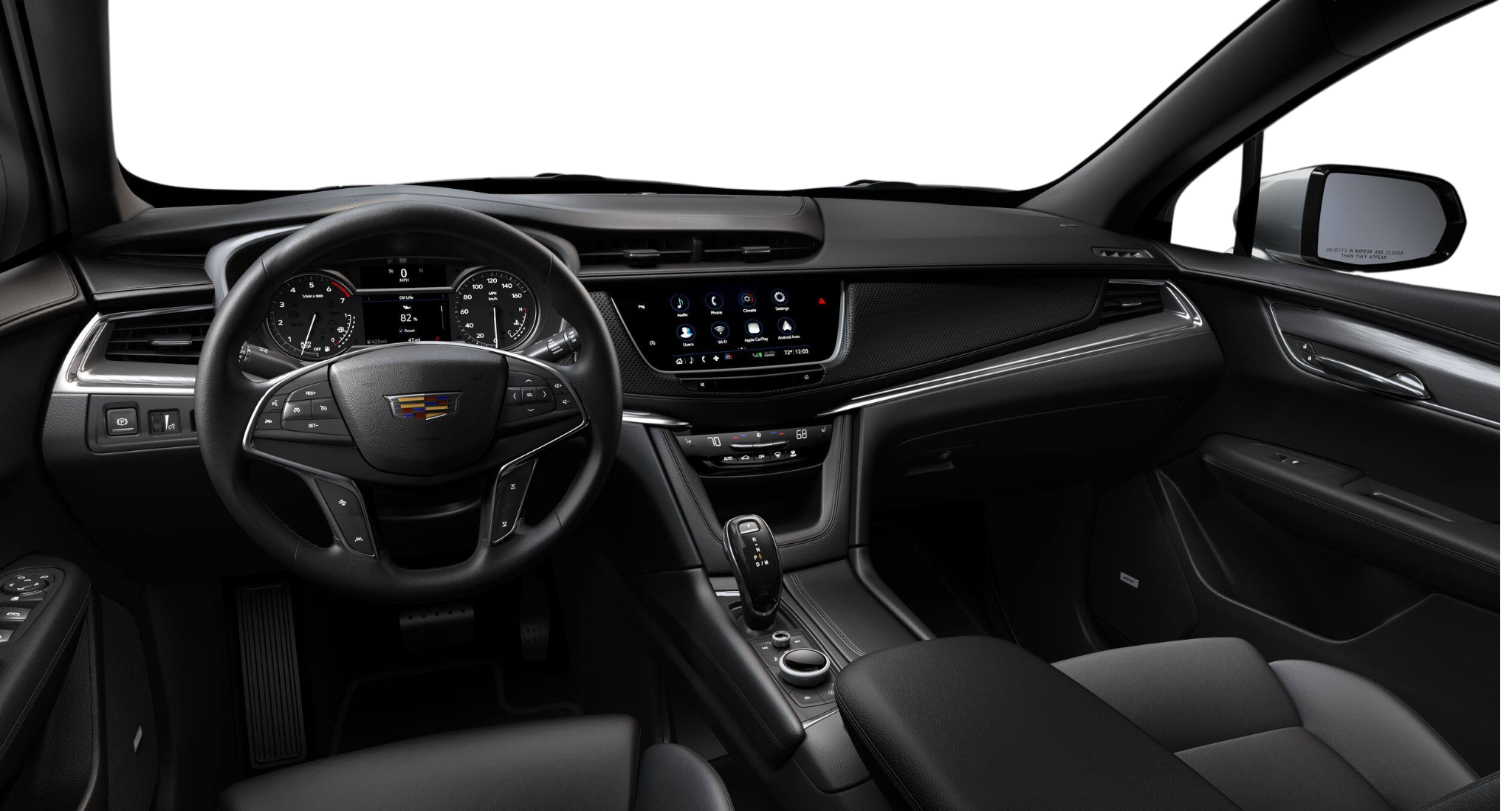 2025 Cadillac XT5 AWD interior dashboard with digital driver display, advanced infotainment system, and leather-wrapped steering wheel.