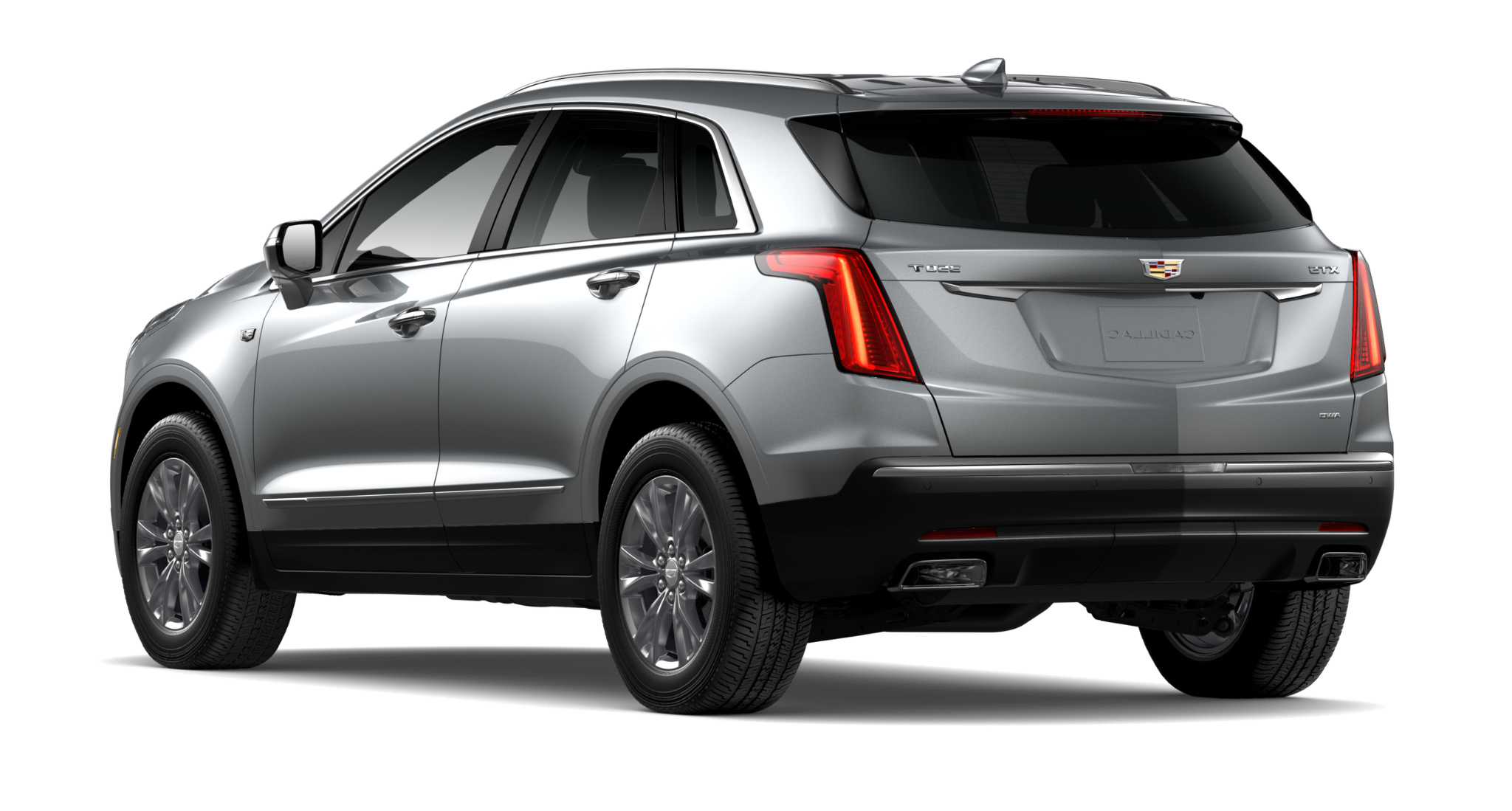 2025 Cadillac XT5 AWD rear exterior view featuring signature vertical LED taillights, dual exhaust outlets, and modern SUV styling.