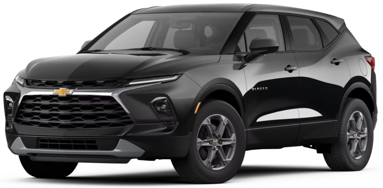 2025 Chevrolet Blazer 2LT front view with black exterior, aggressive grille, narrow LED headlamps, and strong hood lines.