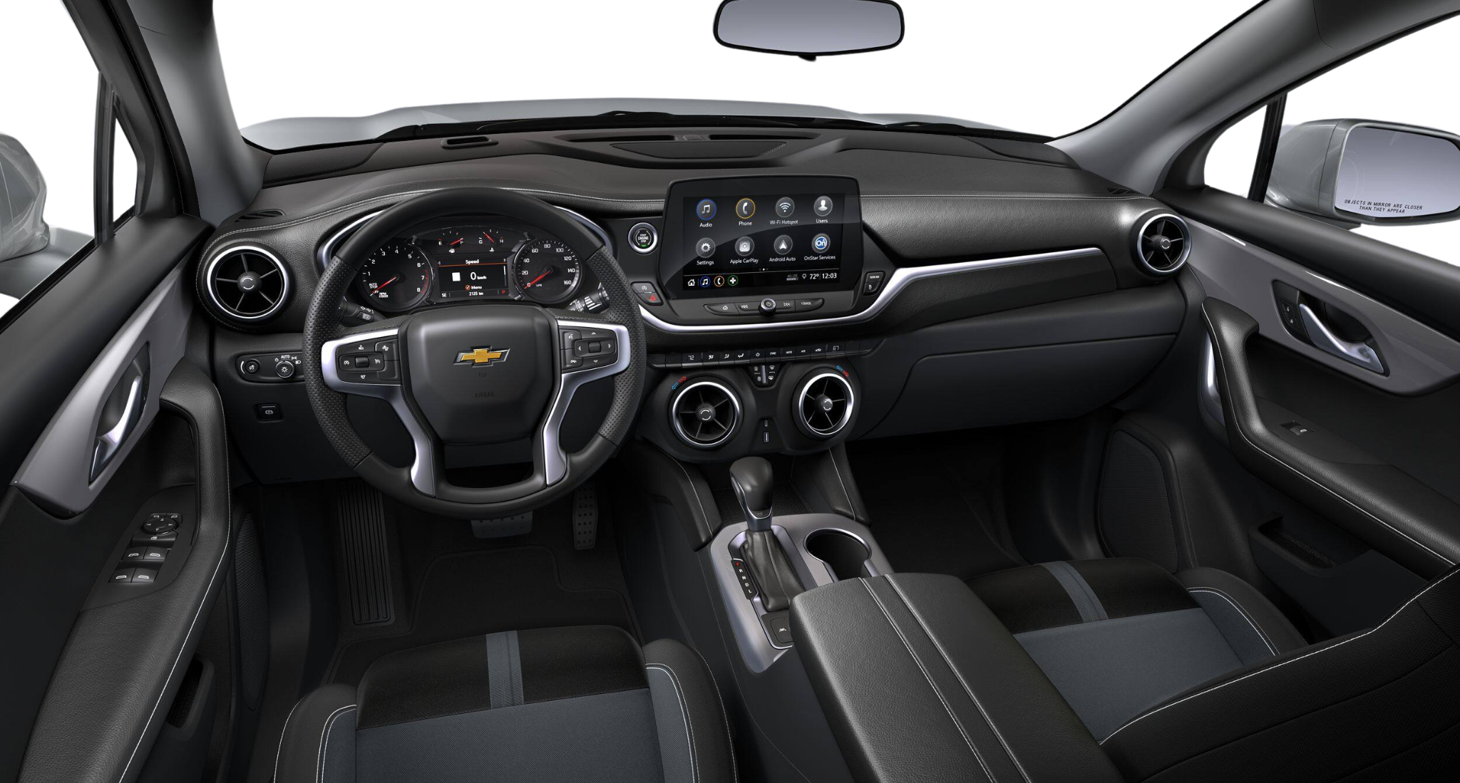 2025 Chevrolet Blazer 2LT dashboard featuring touchscreen infotainment system, dual-zone climate controls, and premium cloth seat design.