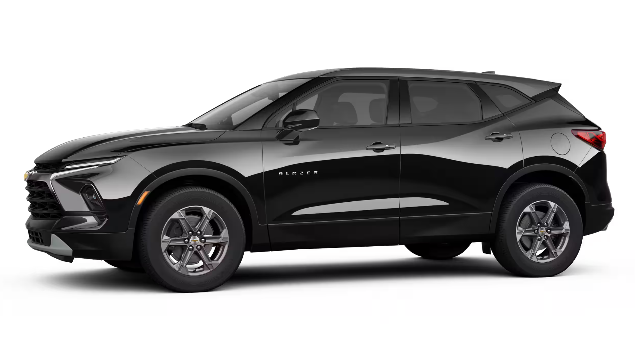 2025 Chevrolet Blazer 2LT side profile in black, showcasing aerodynamic shape, signature grille, and stylish alloy wheels.