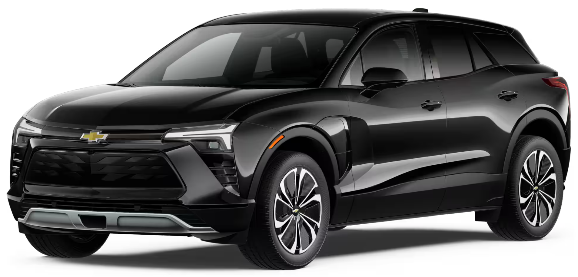 Front view of the 2025 Chevrolet Blazer EV LT in black with bold grille, LED headlamps, and aggressive SUV stance.