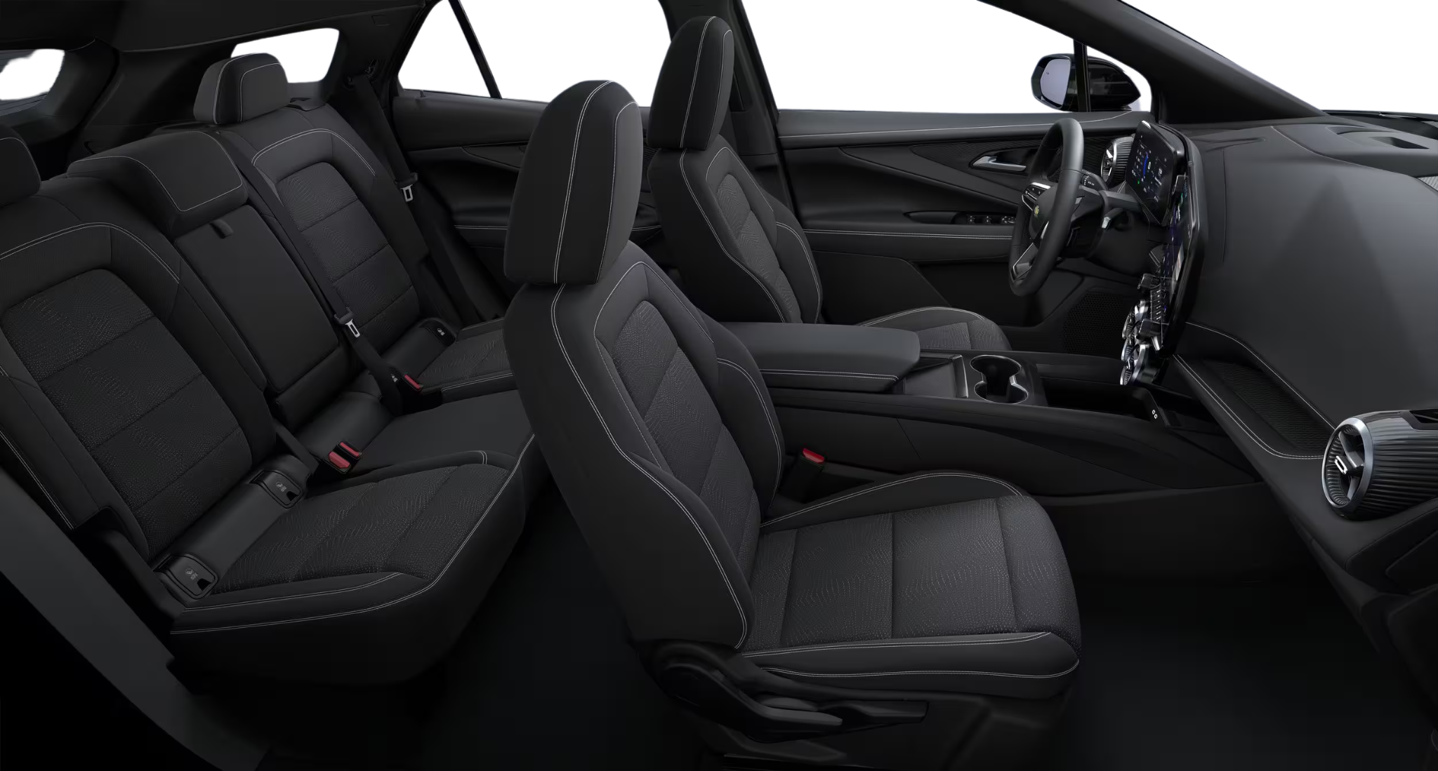 2025 Chevrolet Blazer EV LT interior featuring black cloth seats with contrast stitching and spacious second-row passenger seating
