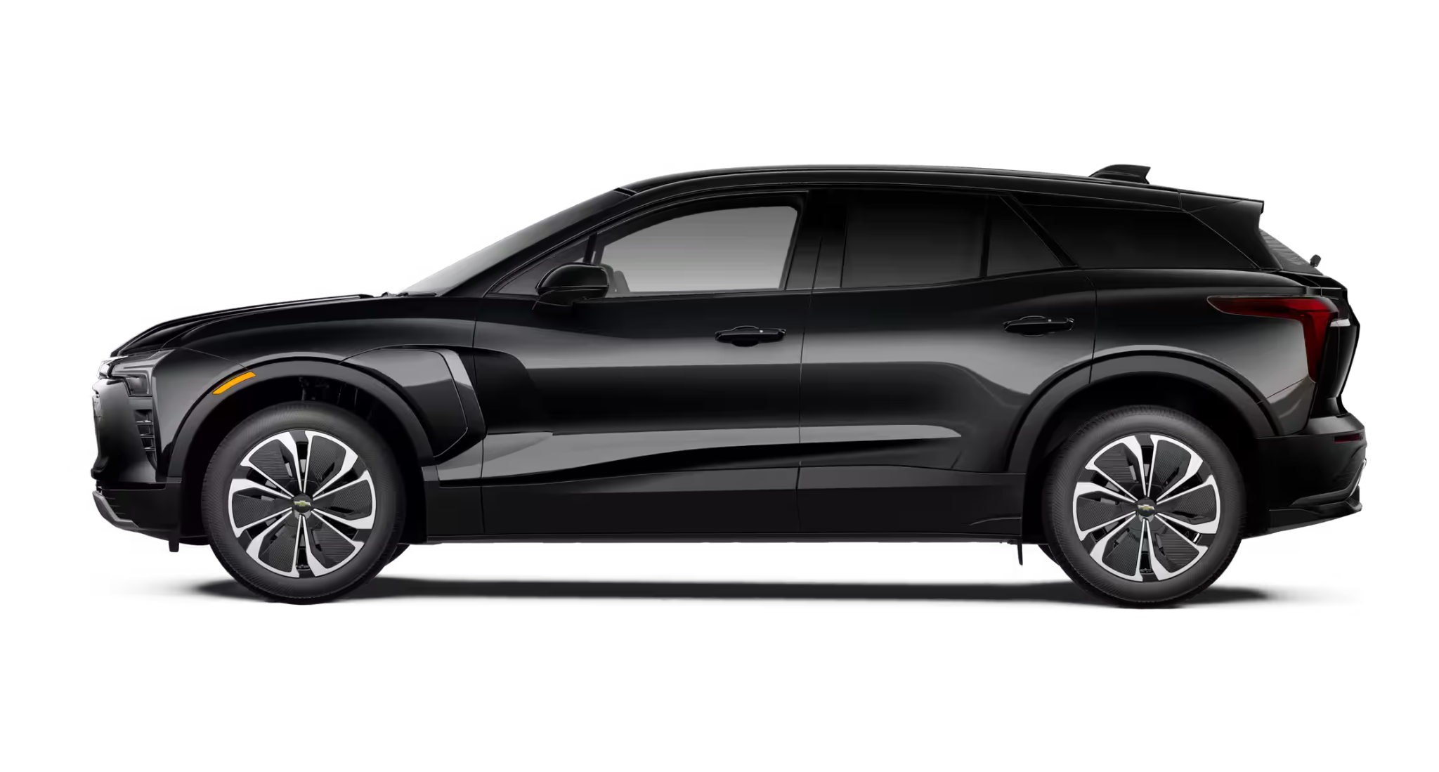 Side profile of the 2025 Chevrolet Blazer EV LT in black, highlighting sharp body lines and aerodynamic EV design on 19-inch wheels.