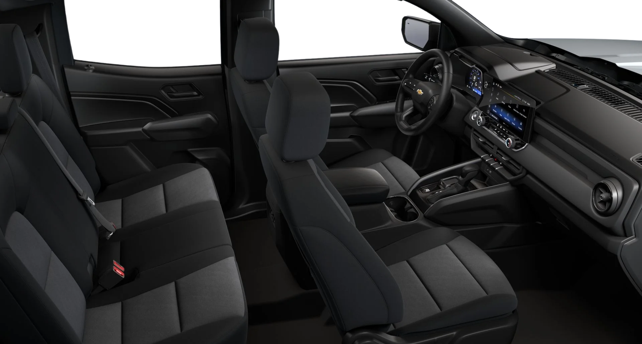 Front and rear cloth seats of the 2025 Chevrolet Colorado WT 4WD showcasing spacious cabin design and modern interior styling.