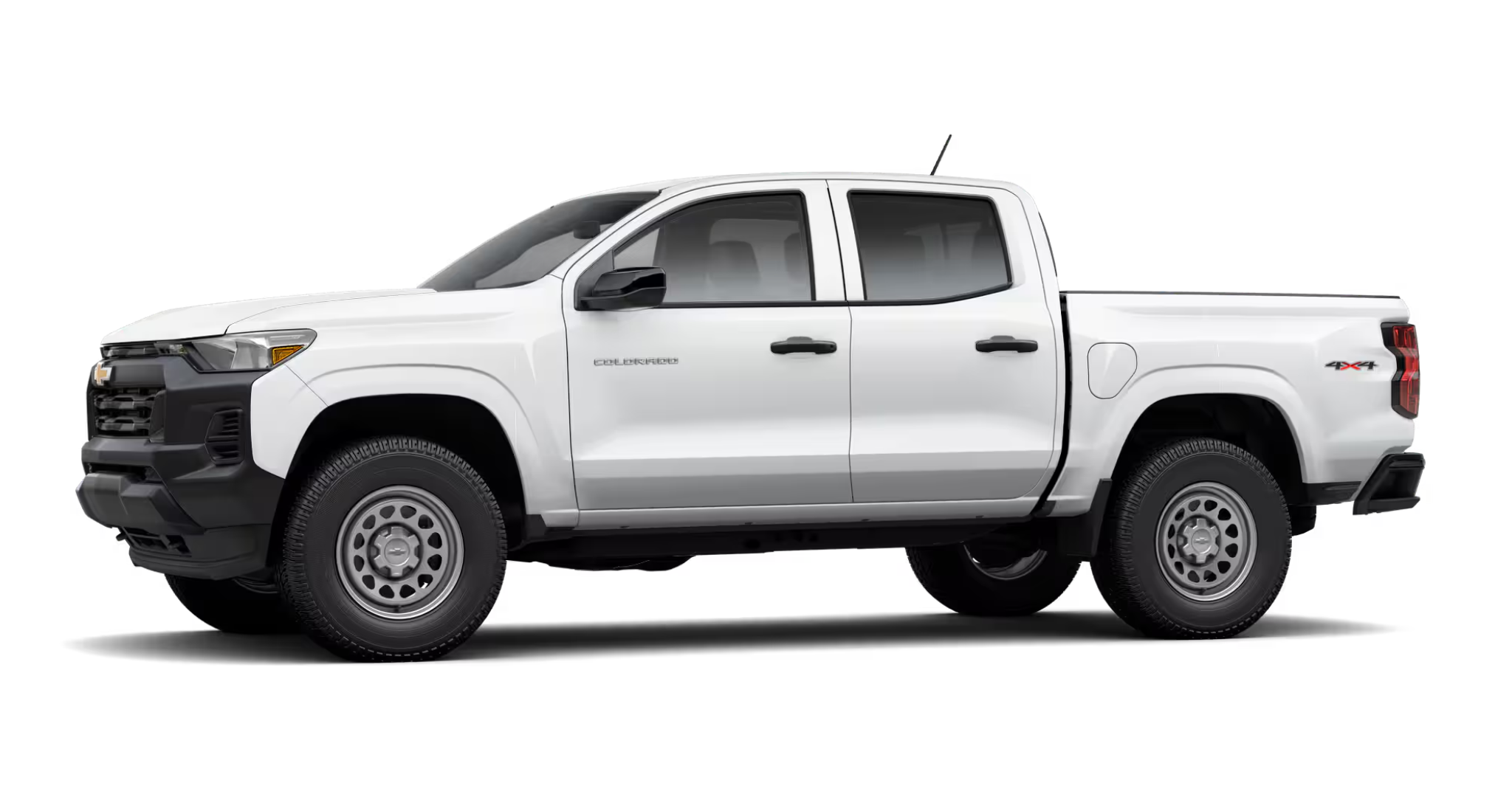 Side view of the 2025 Chevrolet Colorado WT 4WD in Summit White with 17-inch steel wheels and double cab configuration.