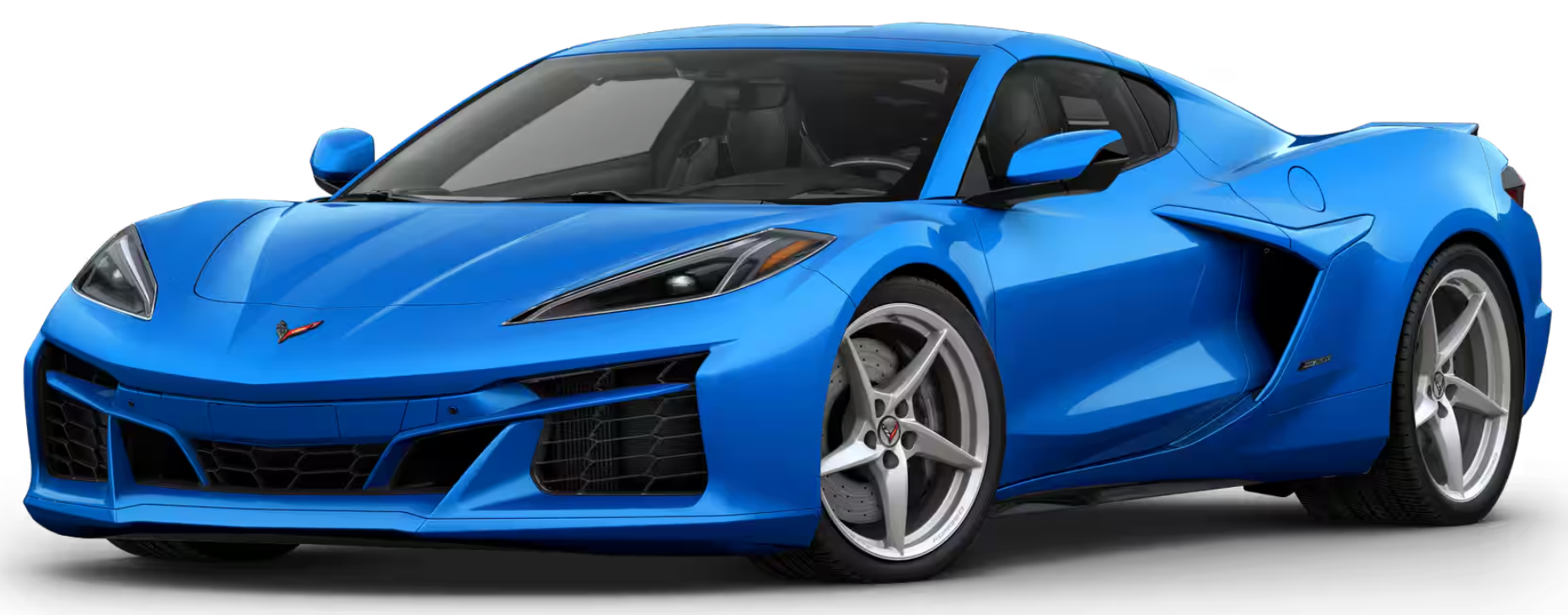 Front angle of the 2025 Chevrolet Corvette E-Ray AWD showcasing its aggressive fascia, LED headlamps, and wide stance.