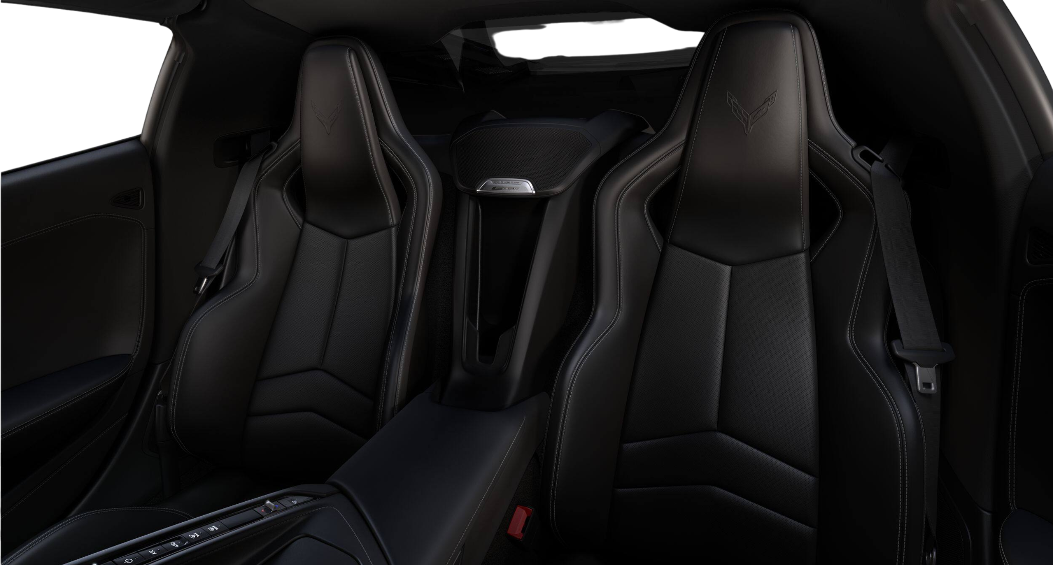 Close-up of the 2025 Chevrolet Corvette E-Ray AWD’s performance bucket seats with black leather upholstery and embossed Corvette logo.
