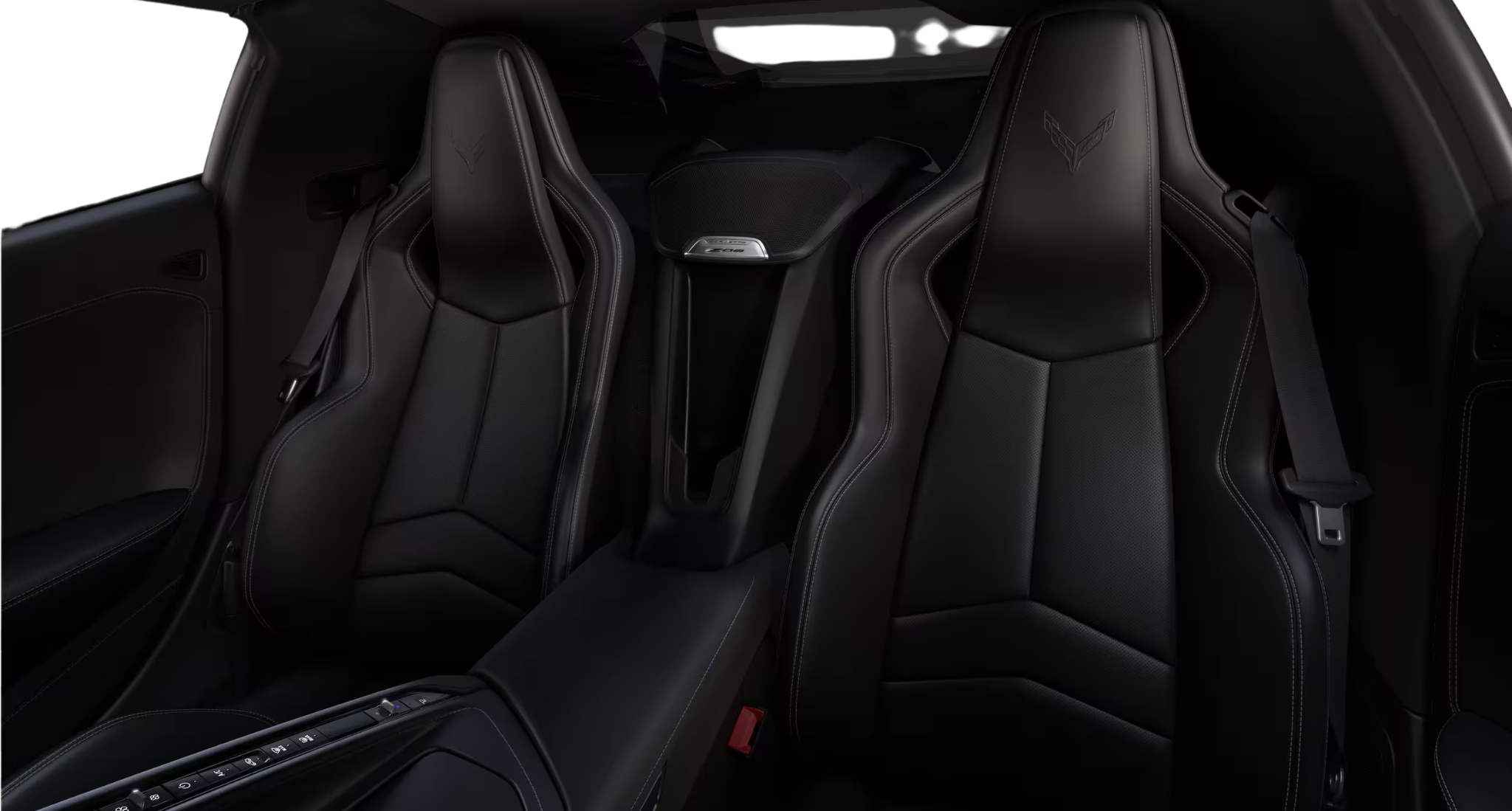 Close-up of 2025 Chevrolet Corvette Z06 GT1 bucket seats with premium leather and center engine compartment detail