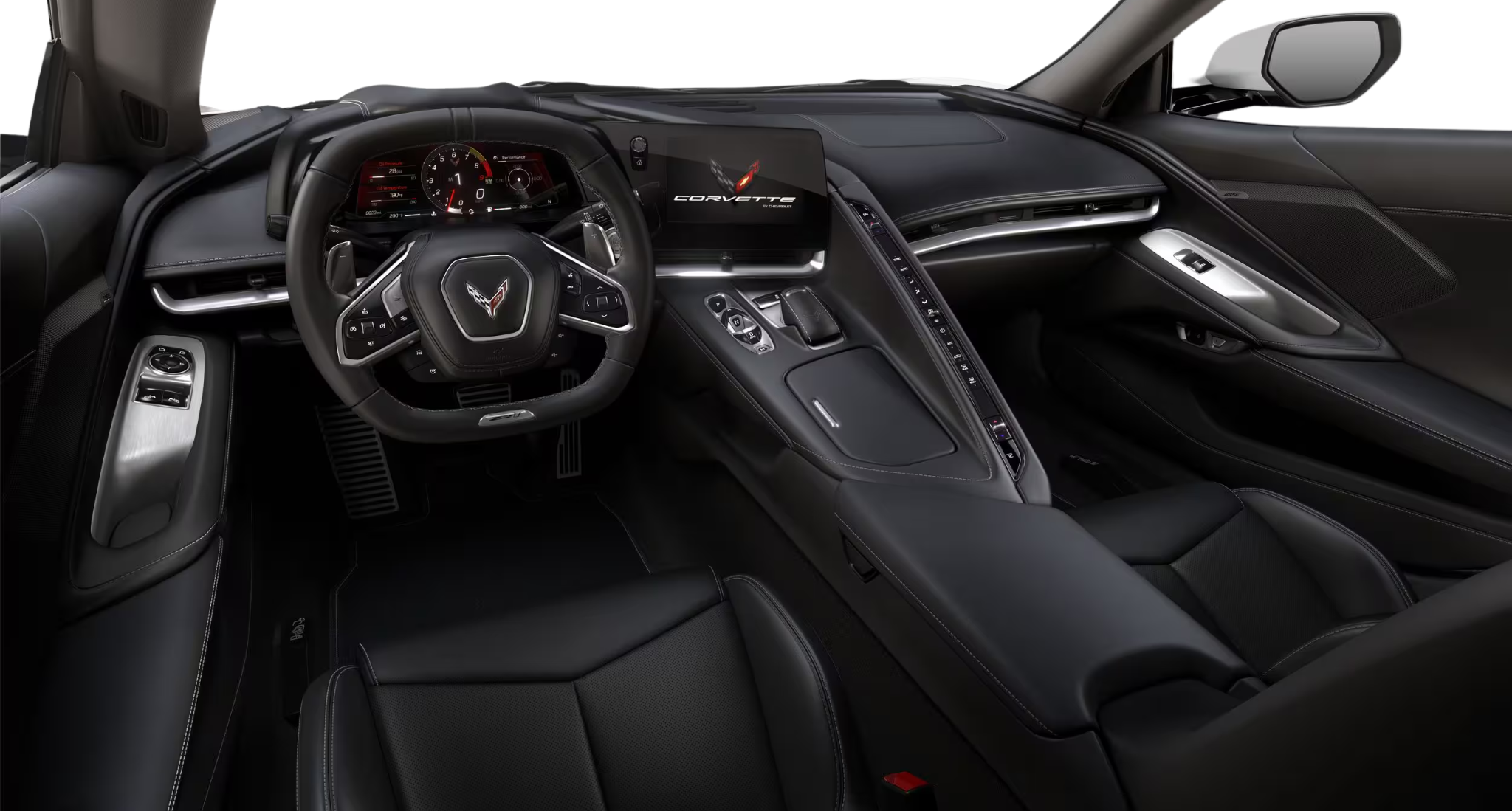 Driver-focused cockpit of the 2025 Chevrolet Corvette ZR1 RWD featuring flat-top steering wheel and digital display.