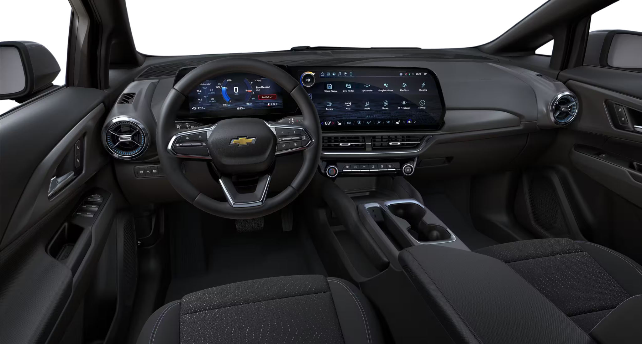 Driver-focused cockpit view of the 2025 Chevrolet Equinox EV LT1 AWD featuring a 17.7-inch touchscreen and digital cluster.
