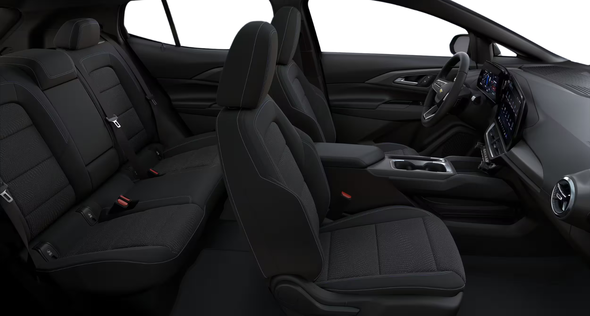Spacious black interior seating of the 2025 Chevrolet Equinox EV LT1 AWD showcasing premium comfort and modern design.