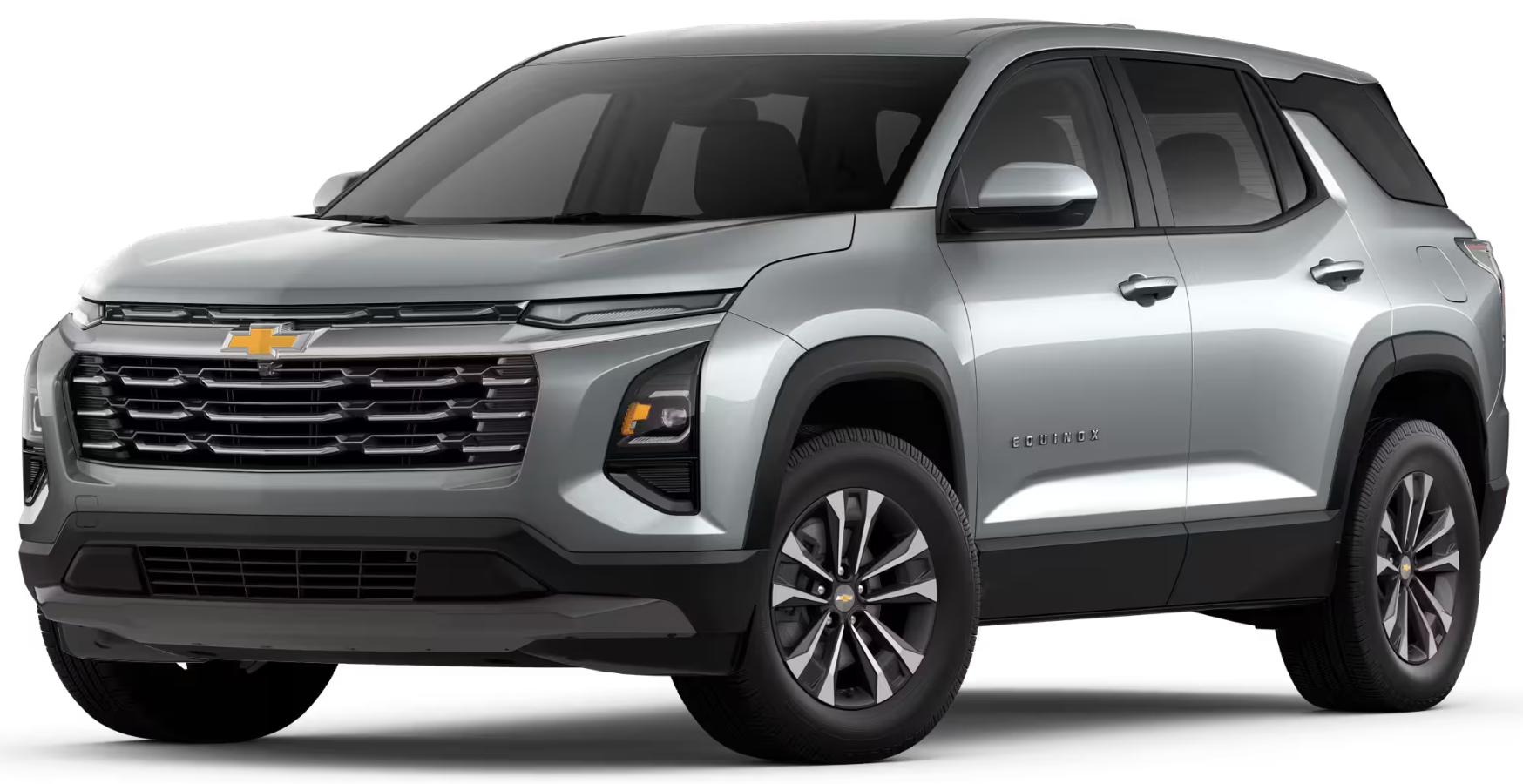 Front and side view of the 2025 Chevrolet Equinox LT AWD in silver, highlighting the new grille design and LED headlamps.
