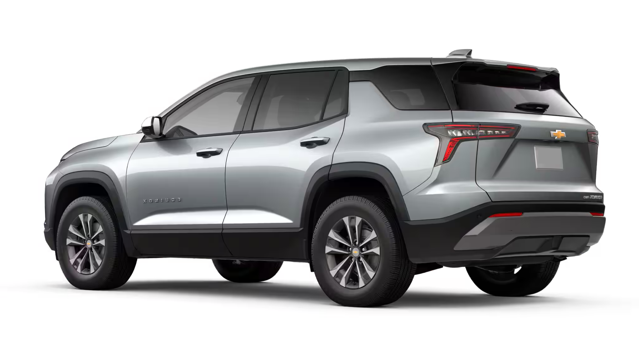 Rear and side profile view of the 2025 Chevrolet Equinox LT AWD in silver, showcasing bold design and 17-inch alloy wheels.