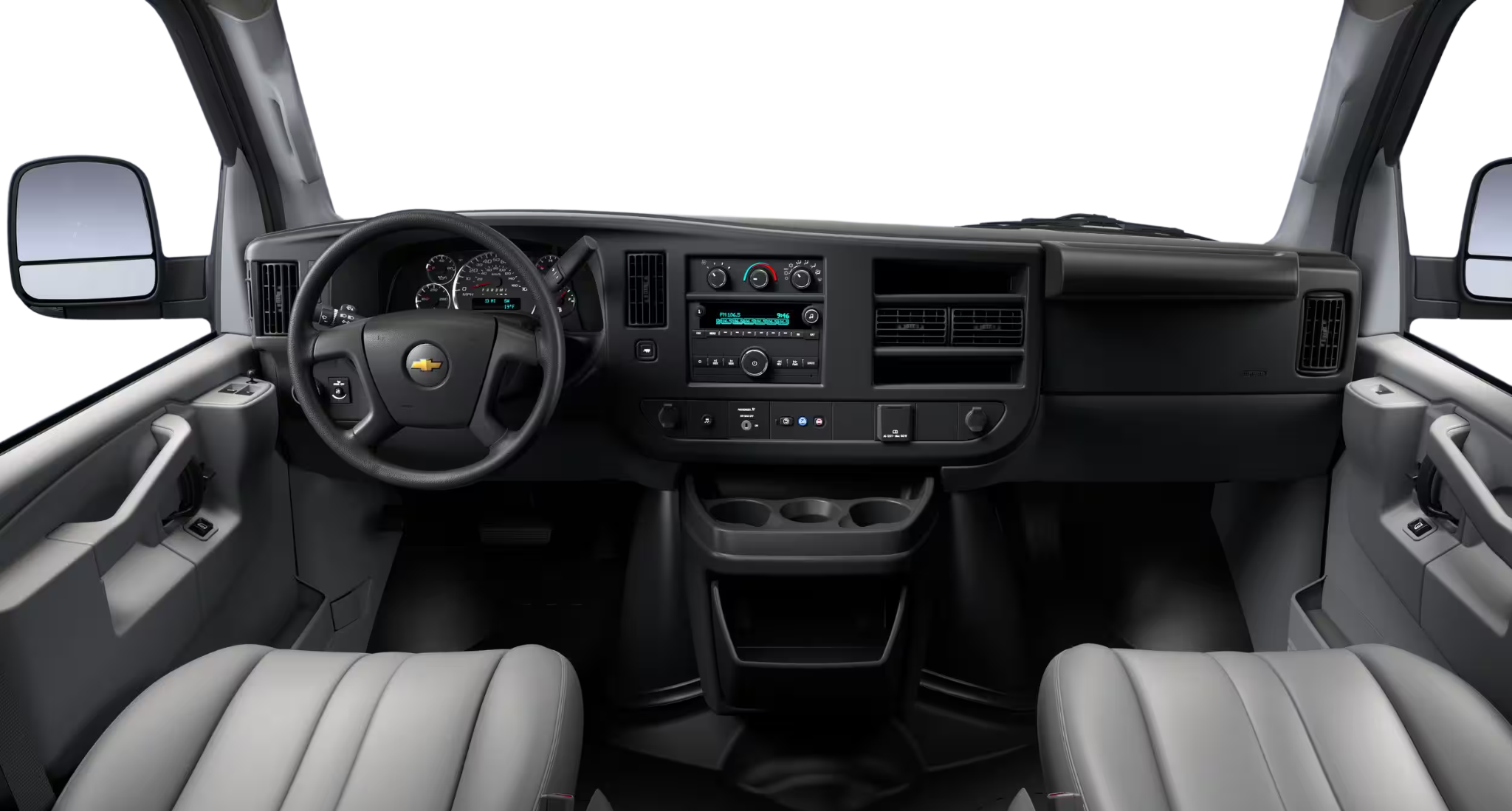Interior dashboard of the 2025 Chevrolet Express Cargo WT RWD showcasing the steering wheel, controls, and center console features.
