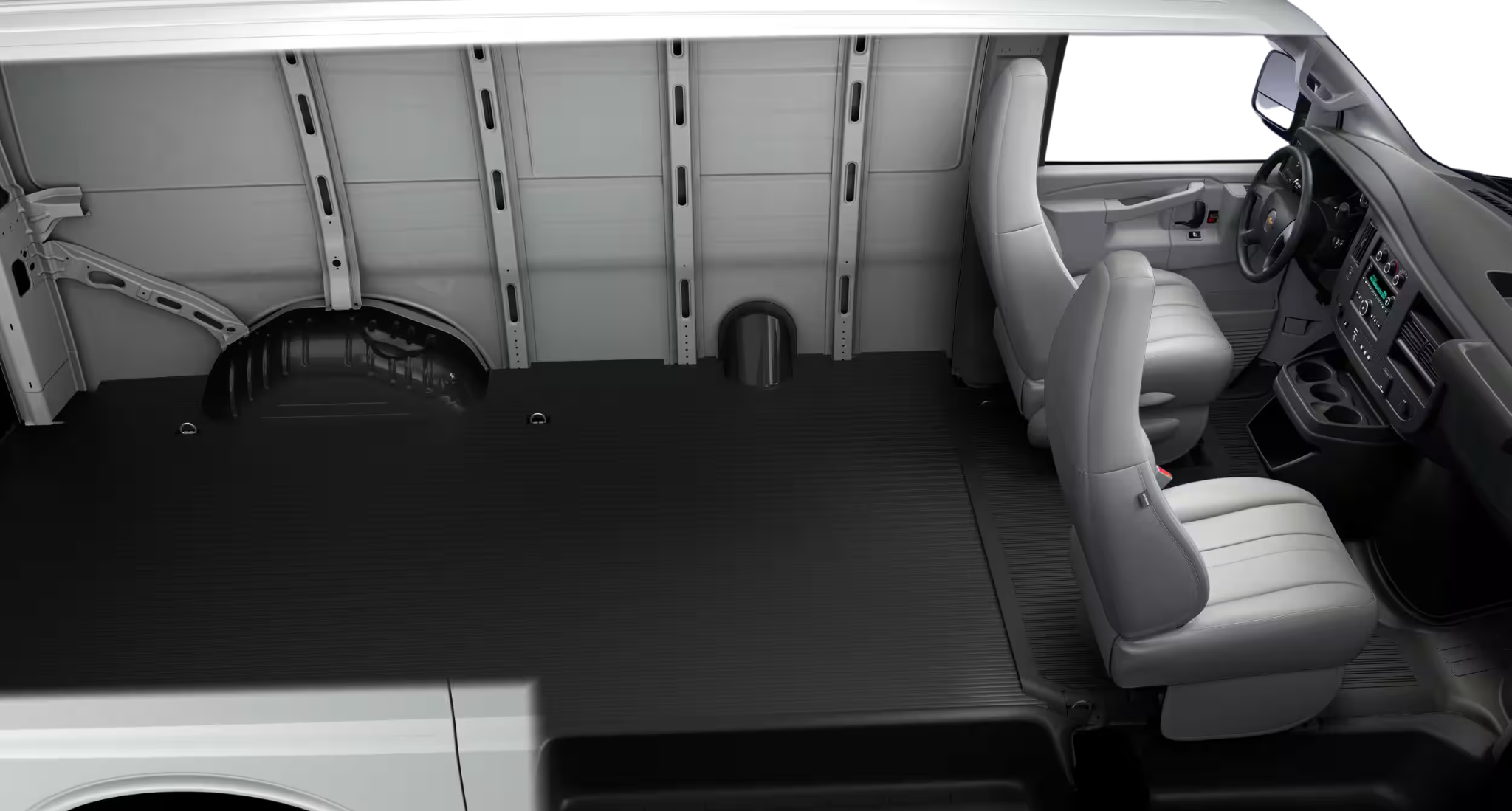 Side interior view of the 2025 Chevrolet Express Cargo WT RWD highlighting the cargo space, seat layout, and durable flooring.