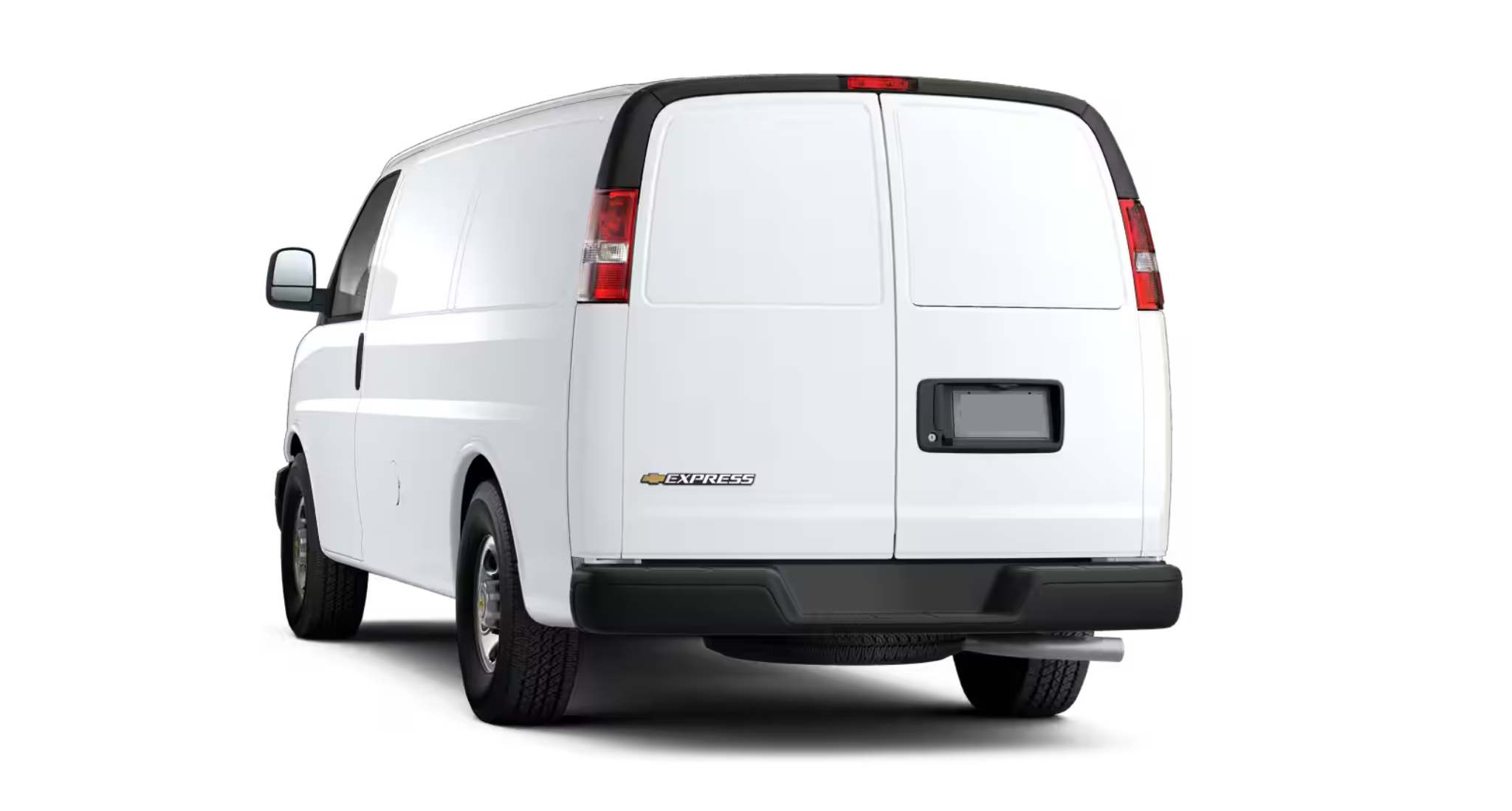 Rear view of the 2025 Chevrolet Express Cargo WT RWD with closed swing-out doors, rear lighting, and Chevrolet Express badging.