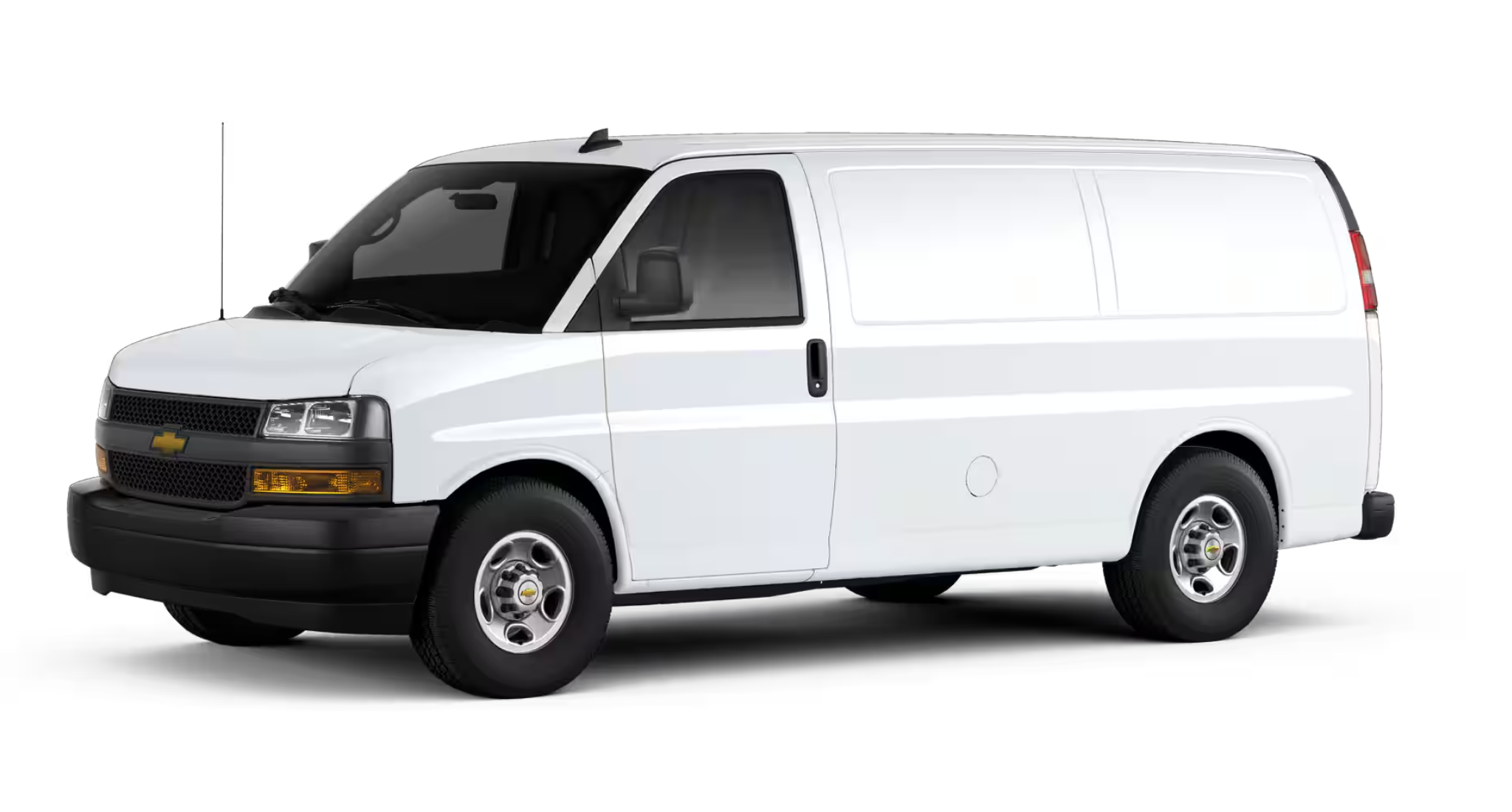 Passenger-side profile of the 2025 Chevrolet Express Cargo WT RWD van showing its extended body, black bumpers, and steel wheels.