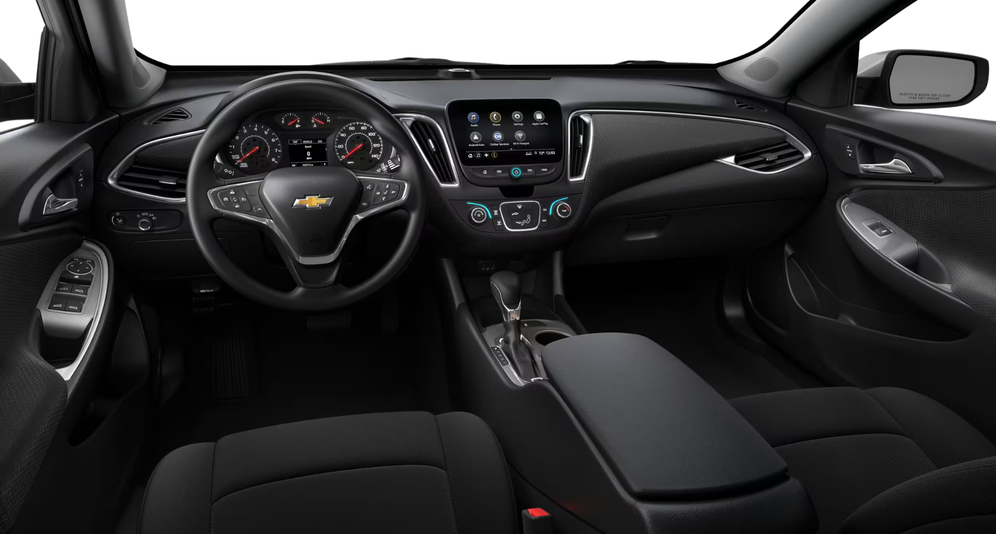 Dashboard and cockpit view of the 2025 Chevrolet Trailblazer LS AWD featuring an 11-inch touchscreen and premium black interior finishes.