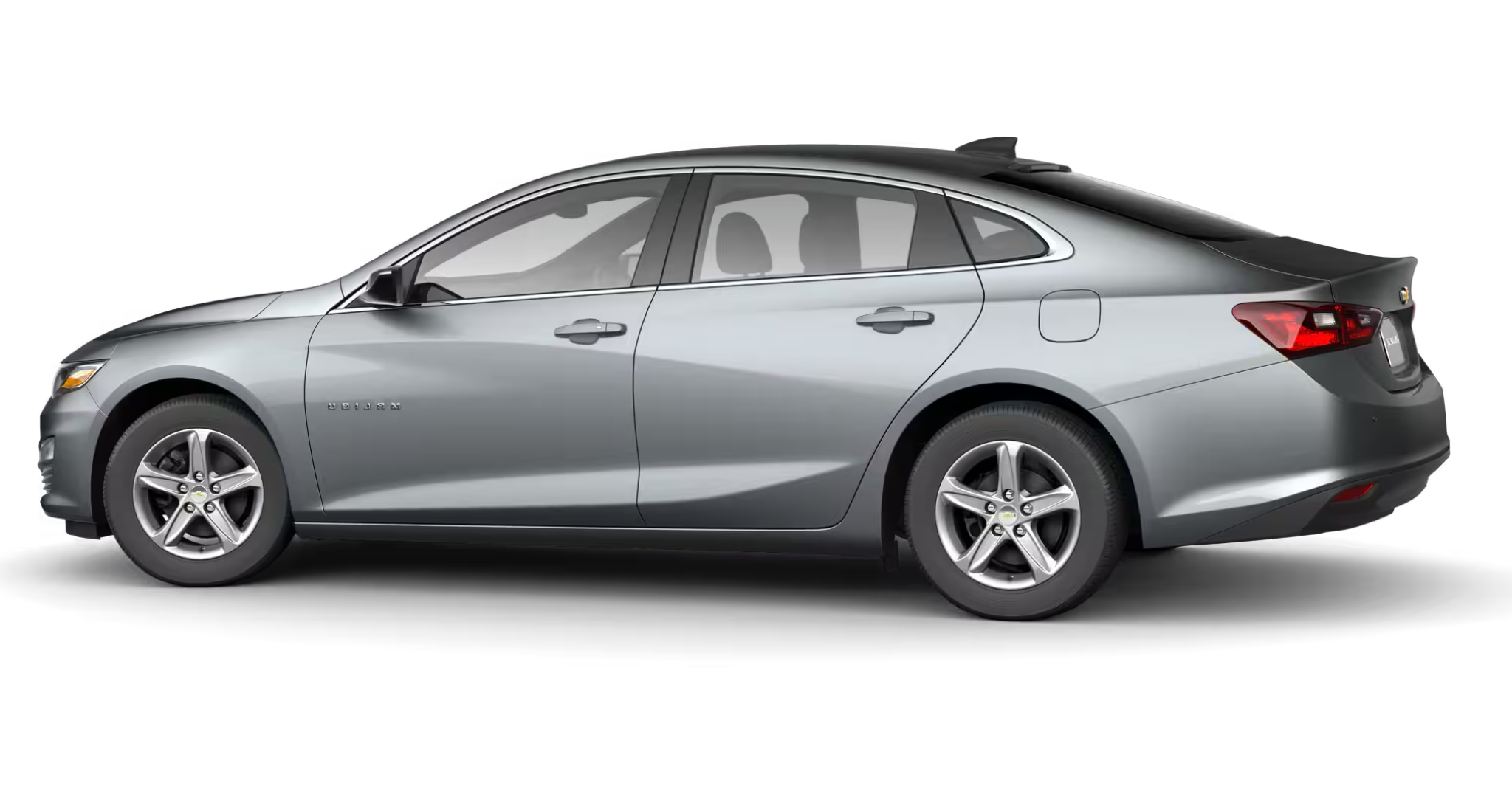 2025 Chevrolet Malibu LS side profile highlighting sleek aerodynamic body lines, 16-inch aluminum wheels, and modern sedan design.