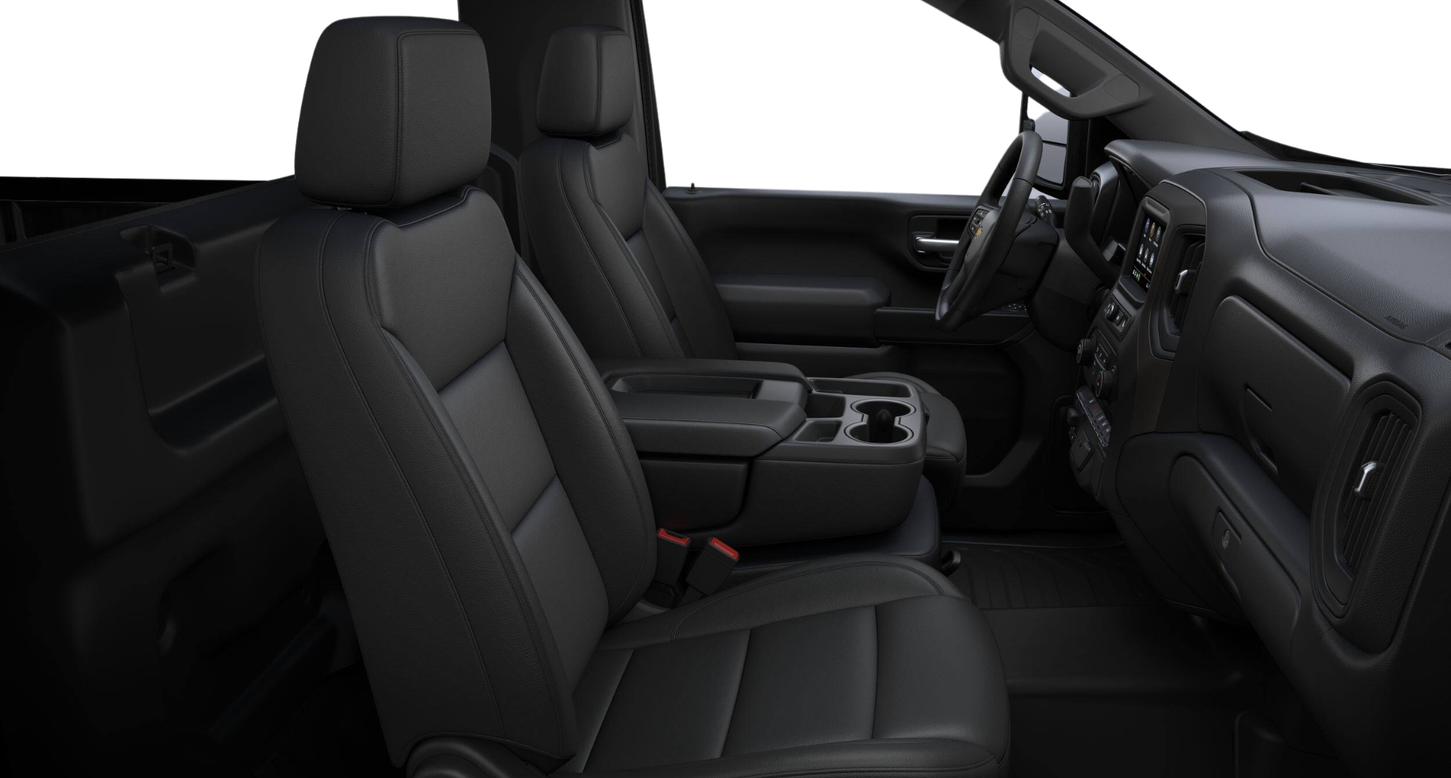 2025 Chevrolet Silverado 2500 HD WT 4WD front interior with black vinyl bench seats and fold-down center console