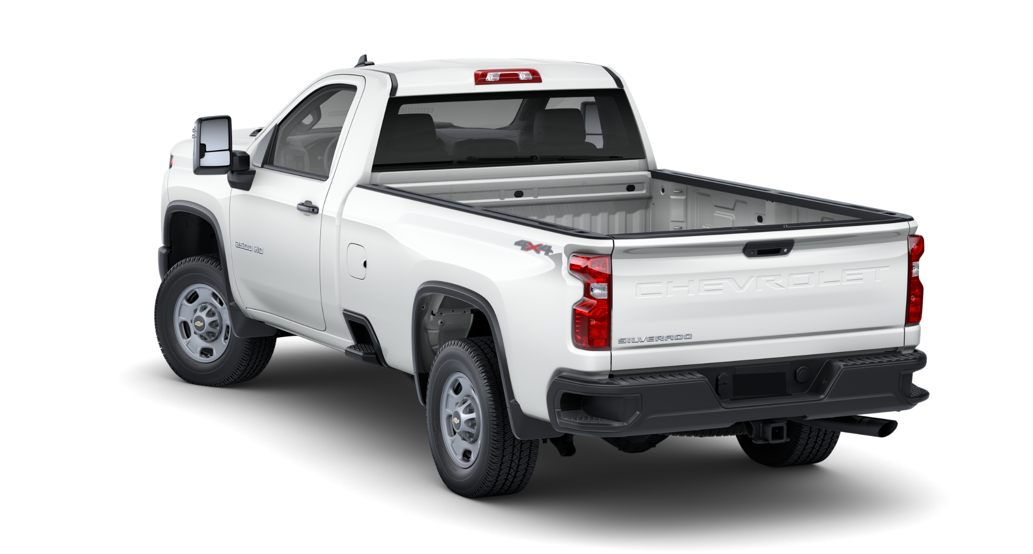Rear view of 2025 Chevrolet Silverado 2500 HD WT 4WD in white, showing spacious Durabed and rear tailgate with Chevrolet branding