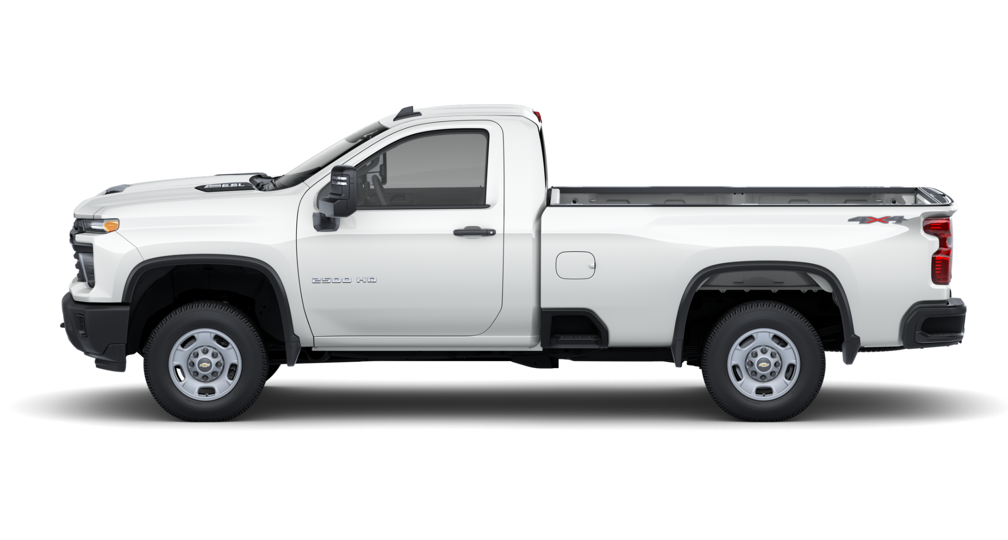 Side profile of 2025 Chevy Silverado 2500 HD WT 4WD pickup with long bed and single cab in Summit White