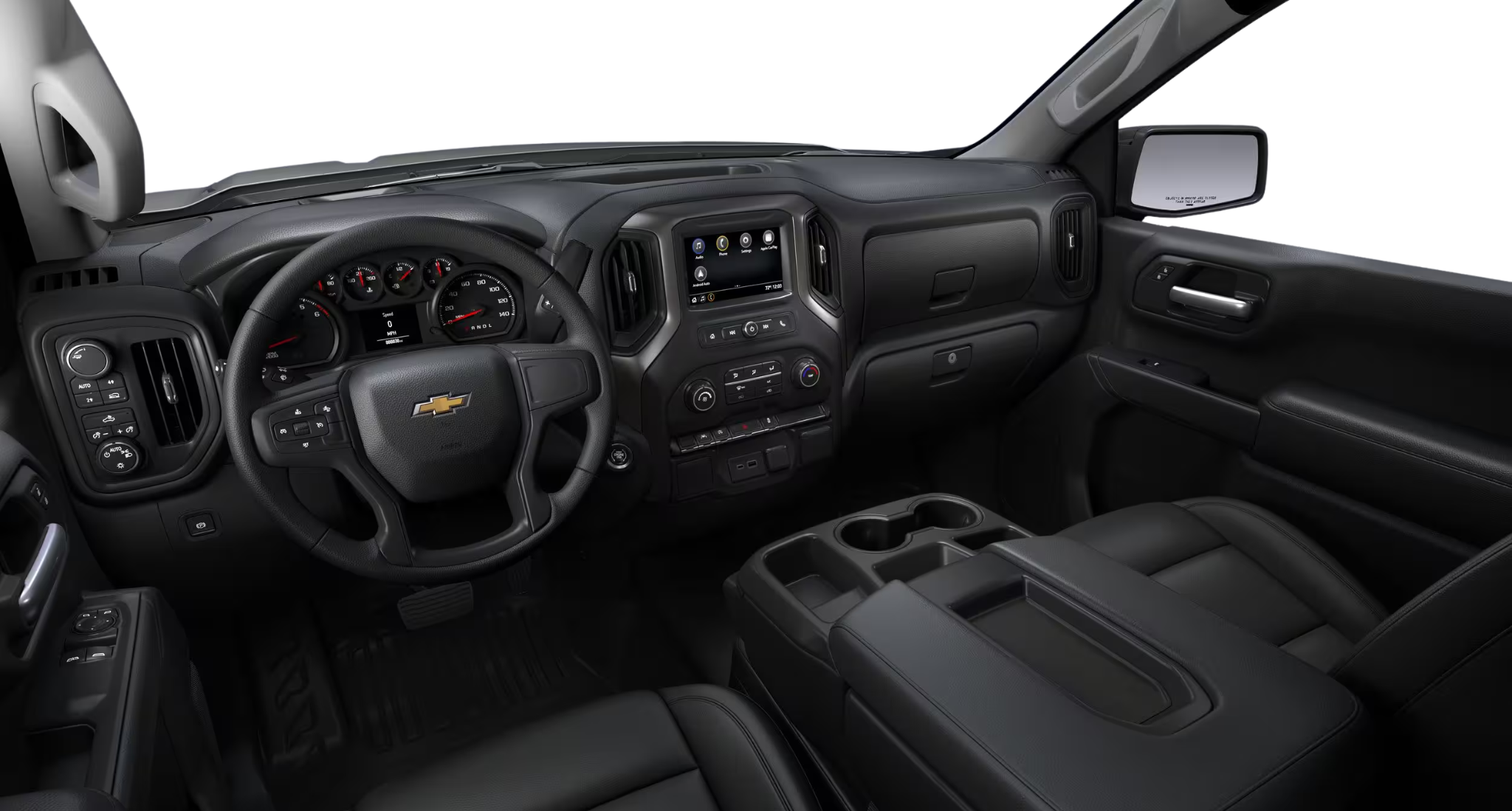 2025 Chevrolet Silverado WT 4WD dashboard with touchscreen display, steering controls, and rugged control layout.