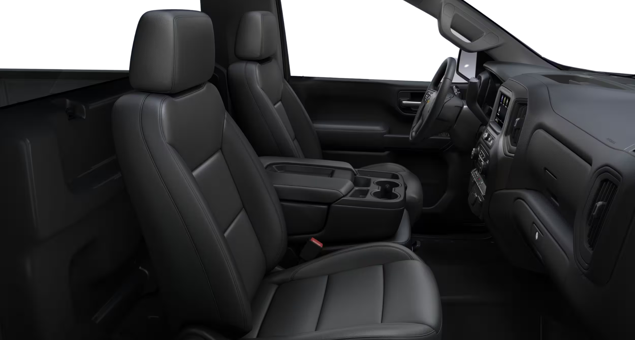 Front bench seating and interior cabin of the 2025 Chevrolet Silverado WT 4WD with black vinyl upholstery and storage console.