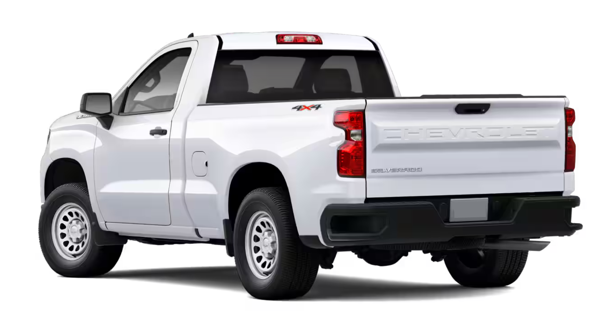 Rear angle of the 2025 Chevrolet Silverado WT 4WD showcasing the tailgate, 4x4 badge, and steel bumper design.