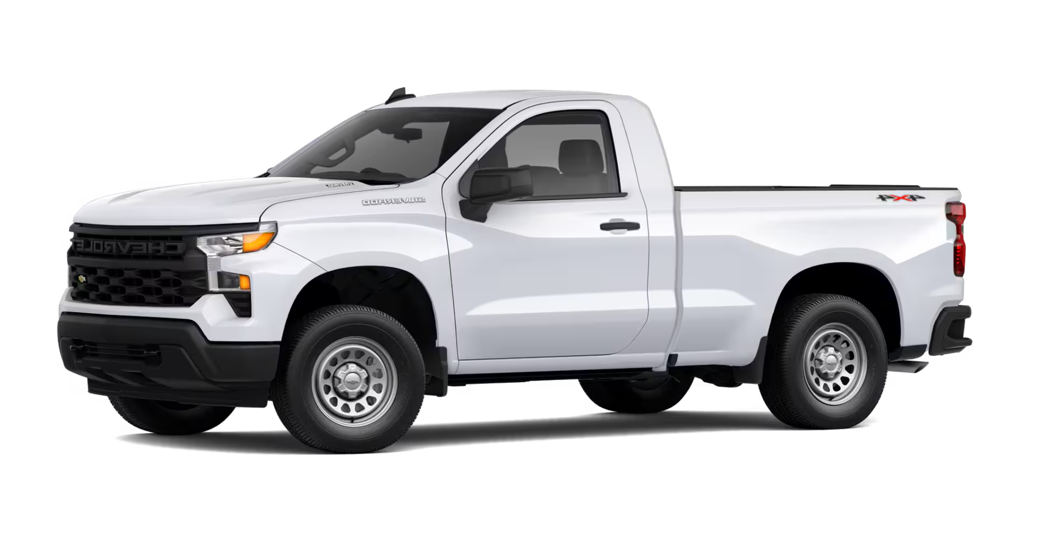 Driver side view of the 2025 Silverado WT 4WD in Summit White featuring 17-inch steel wheels and single cab design.