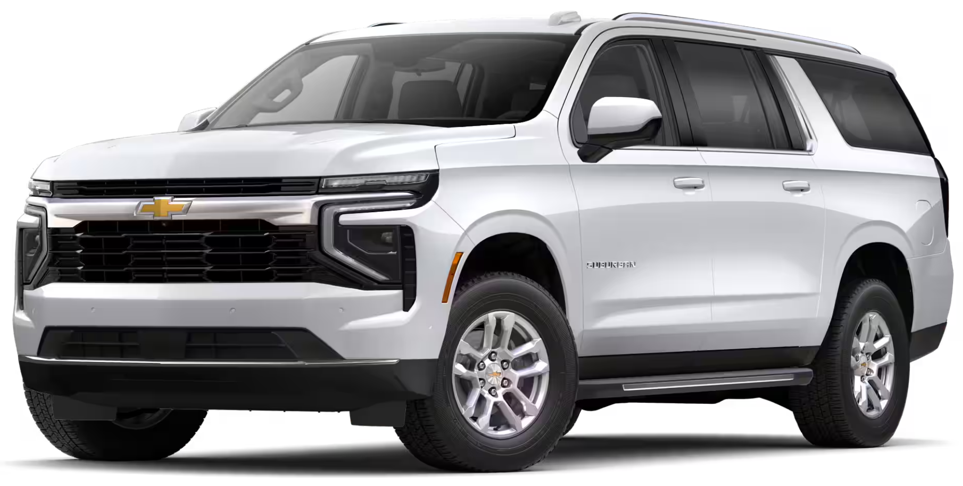 Front view of the 2025 Chevrolet Suburban LS 4WD featuring its aggressive grille, LED headlights, and Chevrolet emblem.