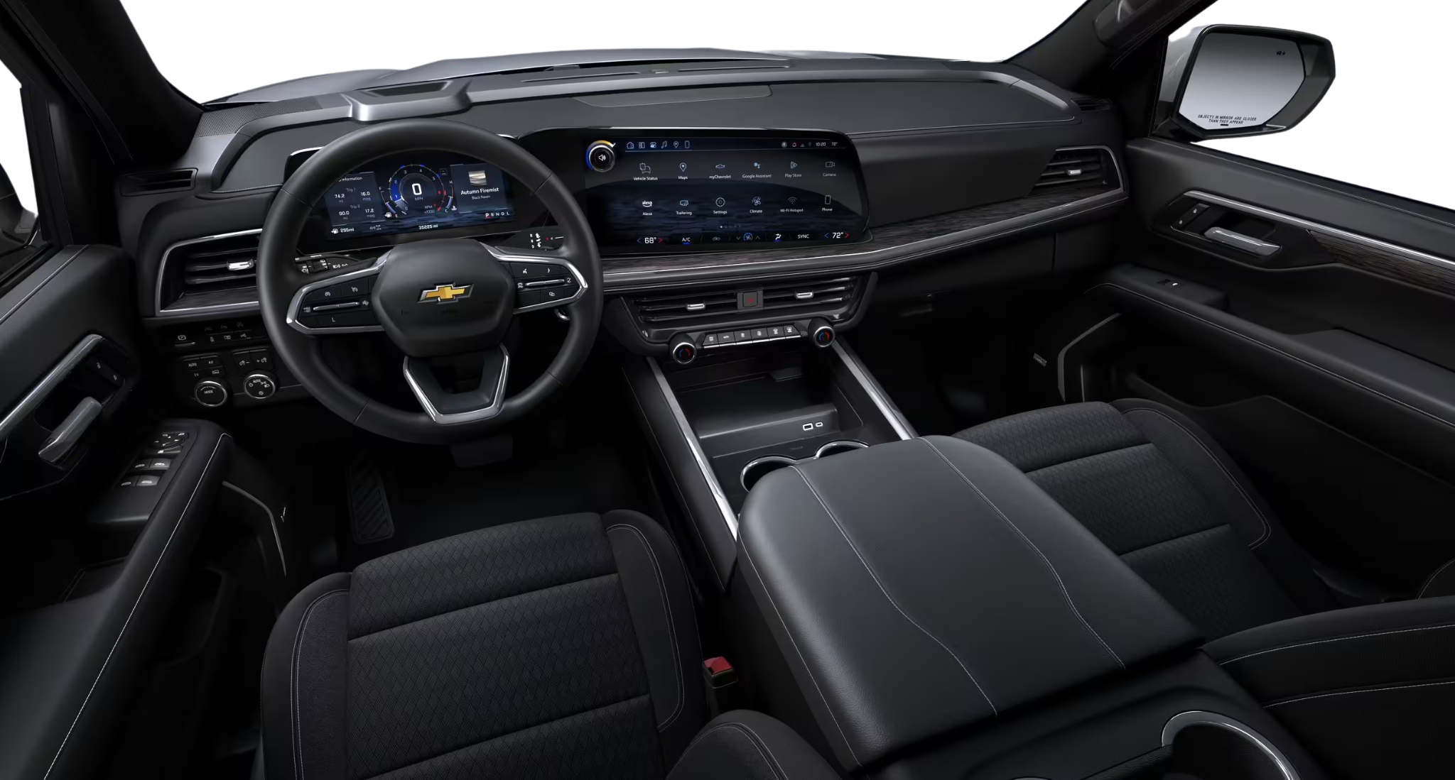 Driver’s cockpit of the 2025 Chevrolet Suburban LS 4WD featuring a digital instrument cluster and expansive infotainment screen.