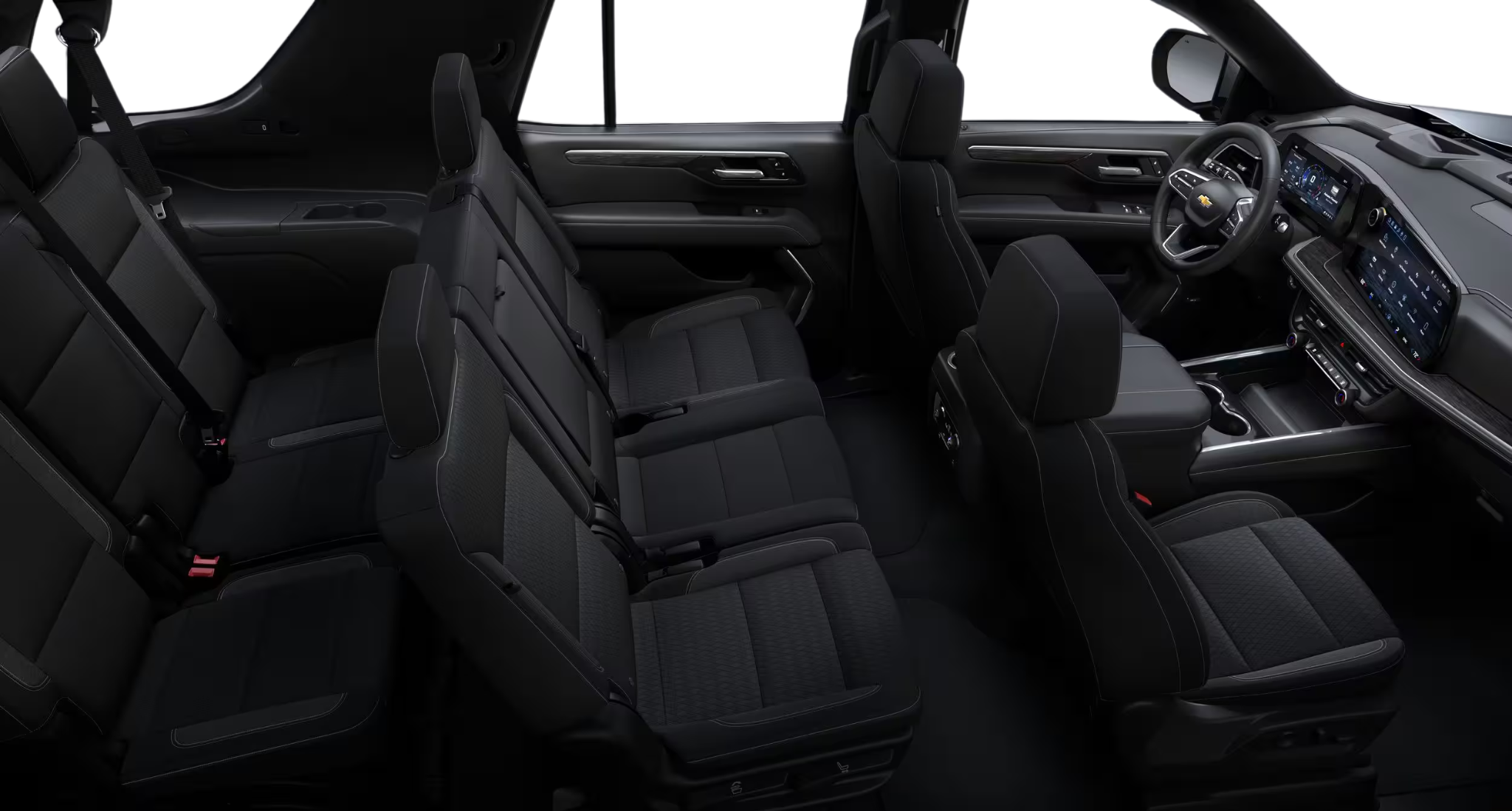 2025 Chevrolet Tahoe 4WD interior showcasing three rows of cloth seating, ample passenger space, and modern cabin layout.